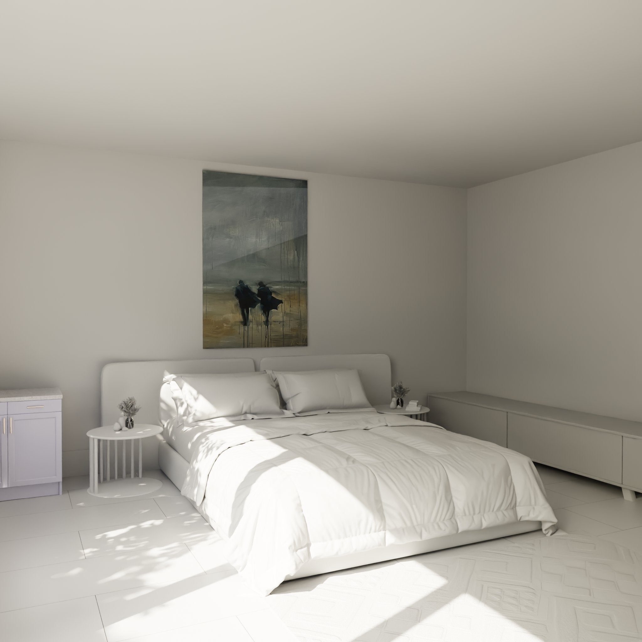Wall art silhouettes in the Norman rain decorating a modern bedroom with neutral and soothing tones