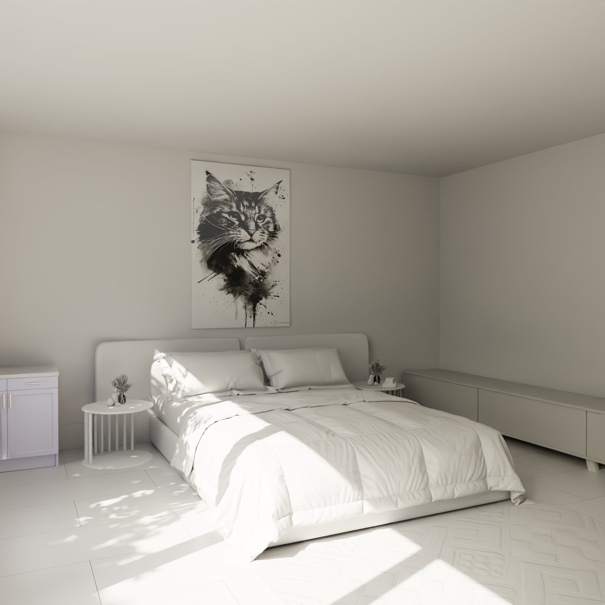 Black and white watercolor cat wall decoration in modern bedroom with artistic feline ambiance