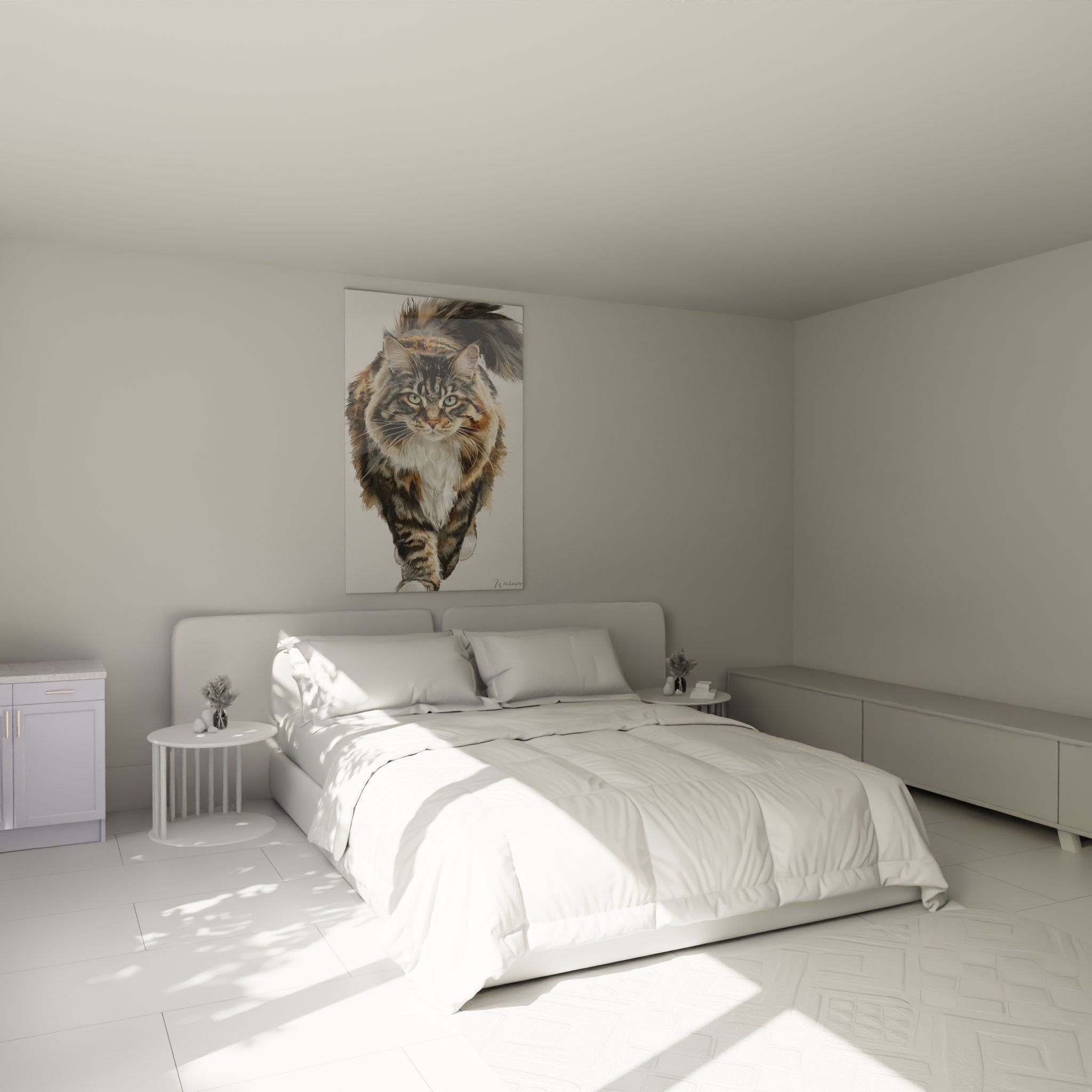 Tableau chat Sibérien décorant élégamment une chambre moderne avec cadre premium