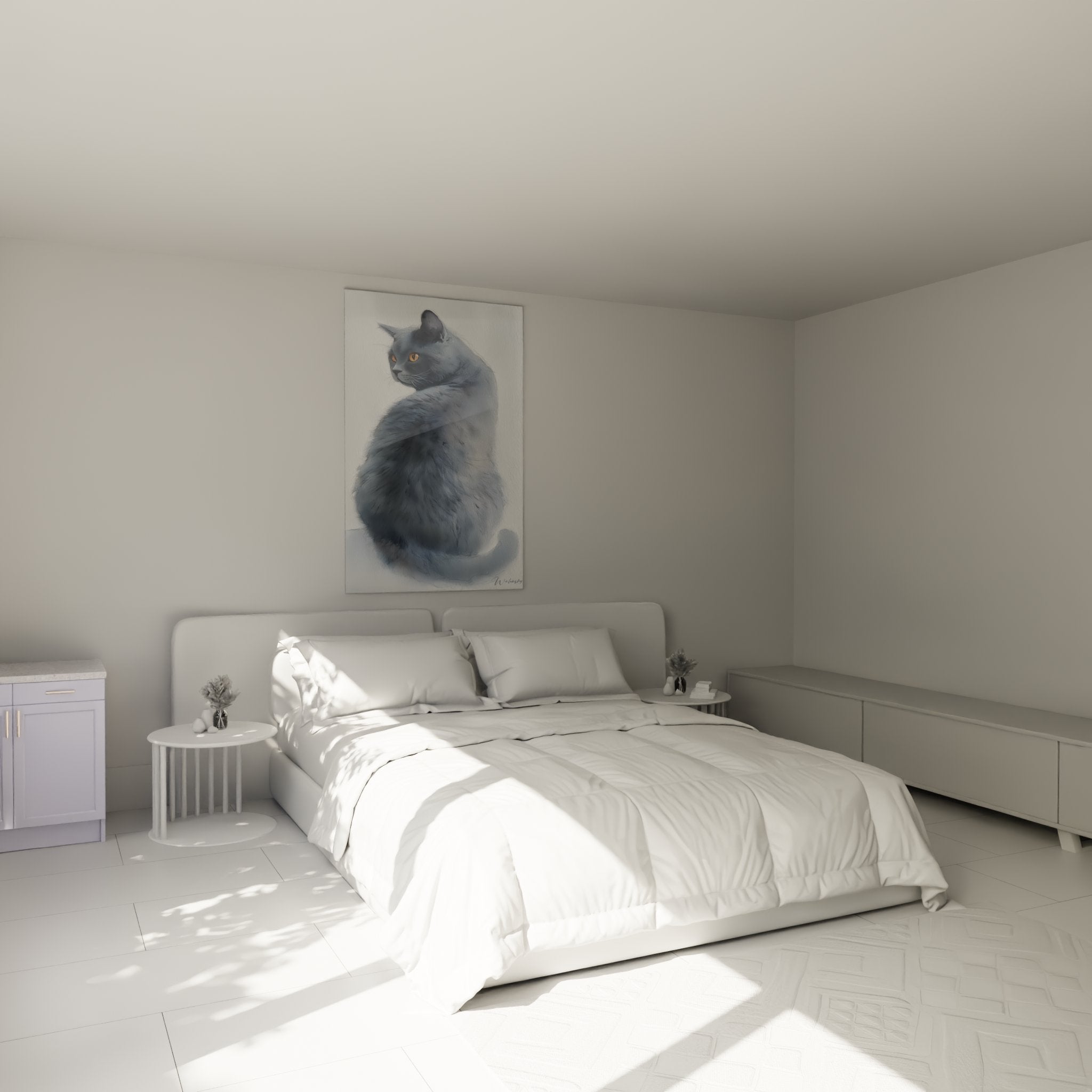 Grey Chartreux cat portrait wall art bedroom decoration elegant feline cosy ambiance
