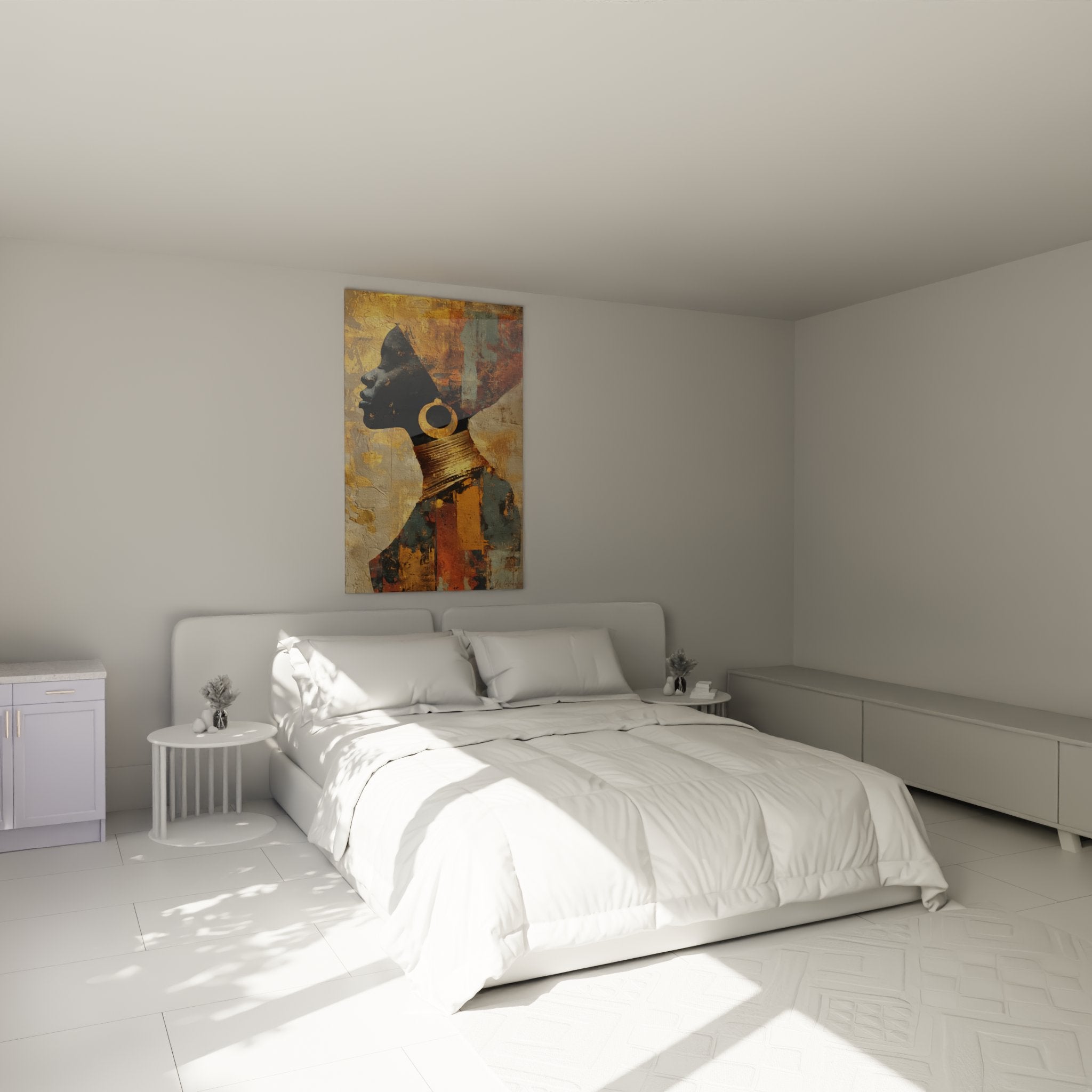 Decorazione murale camera da letto con quadro viso africano dorato in un interno moderno ed elegante