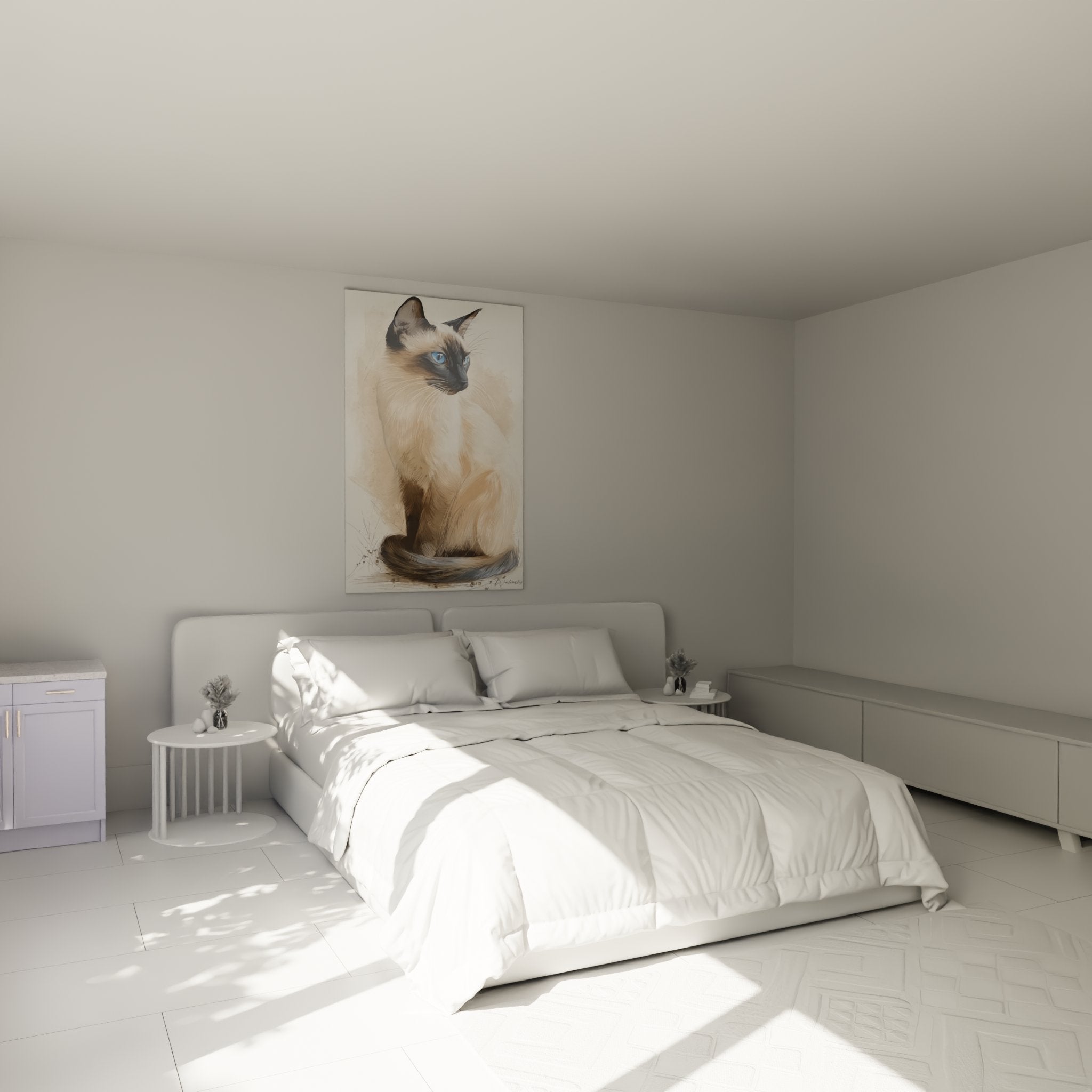 Quadro gatto balinese occhi blu in camera moderna, decorazione murale felina elegante e rilassante