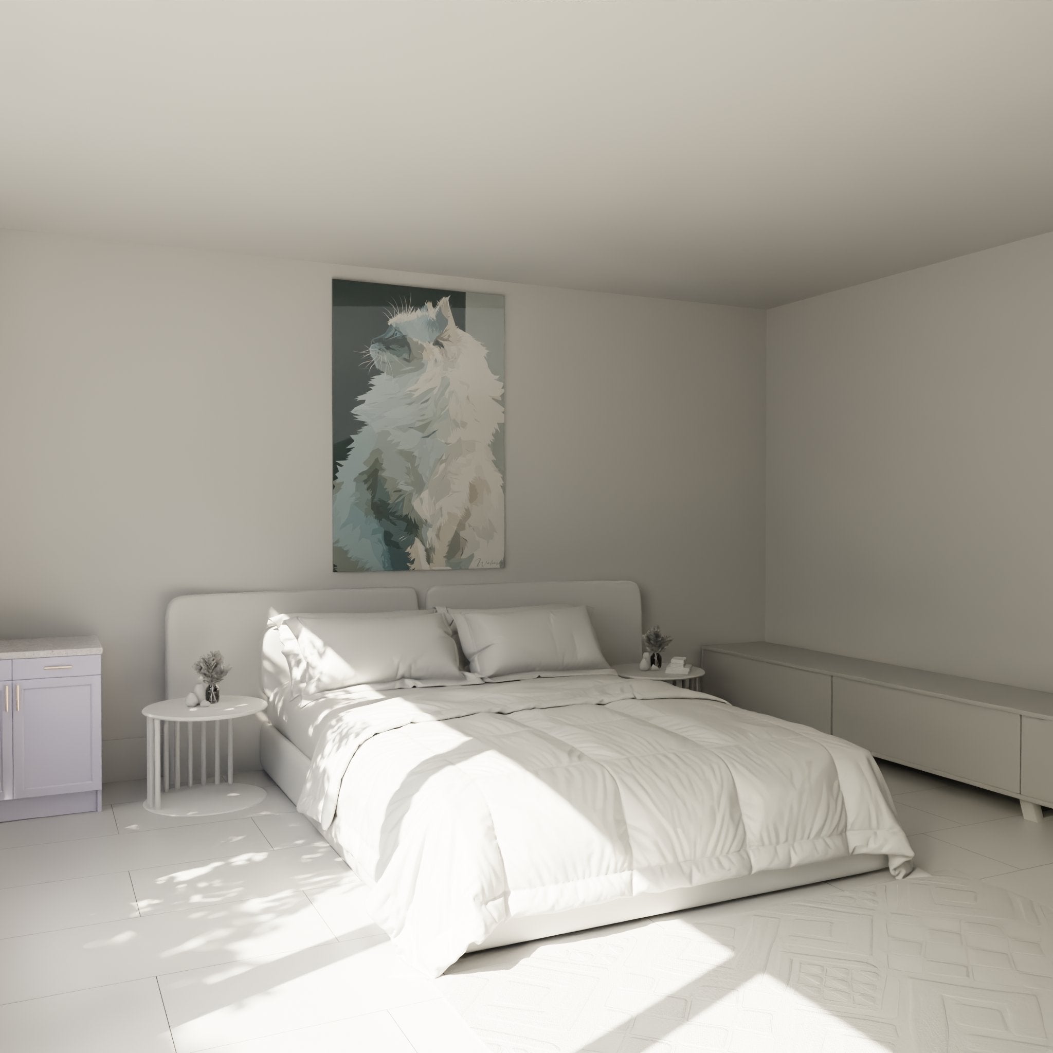 Décoration chambre avec tableau chat Sibérien blanc, ambiance cosy et élégante, art mural félin moderne