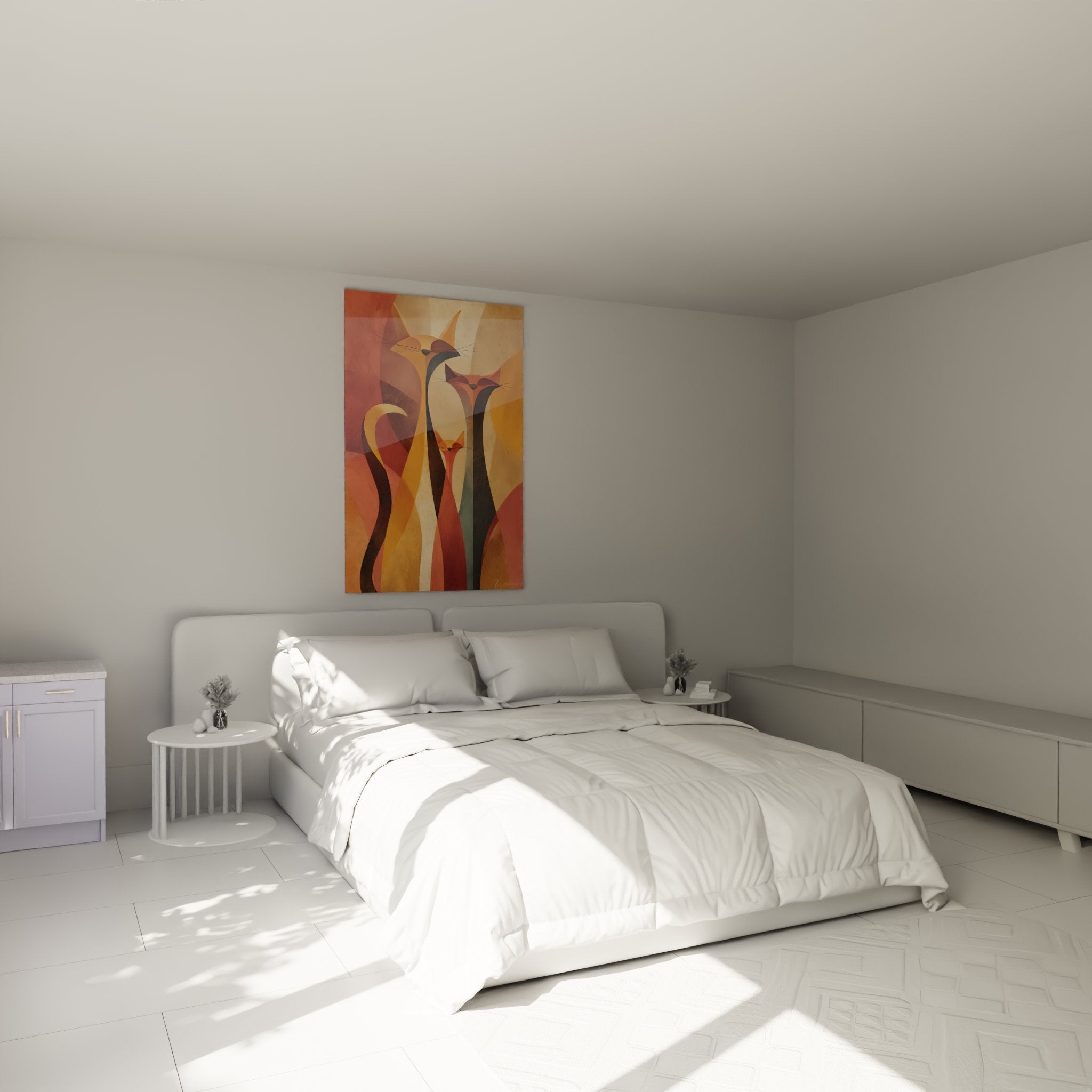 Quadro gatti astratti decora una camera moderna con colori caldi armoniosi