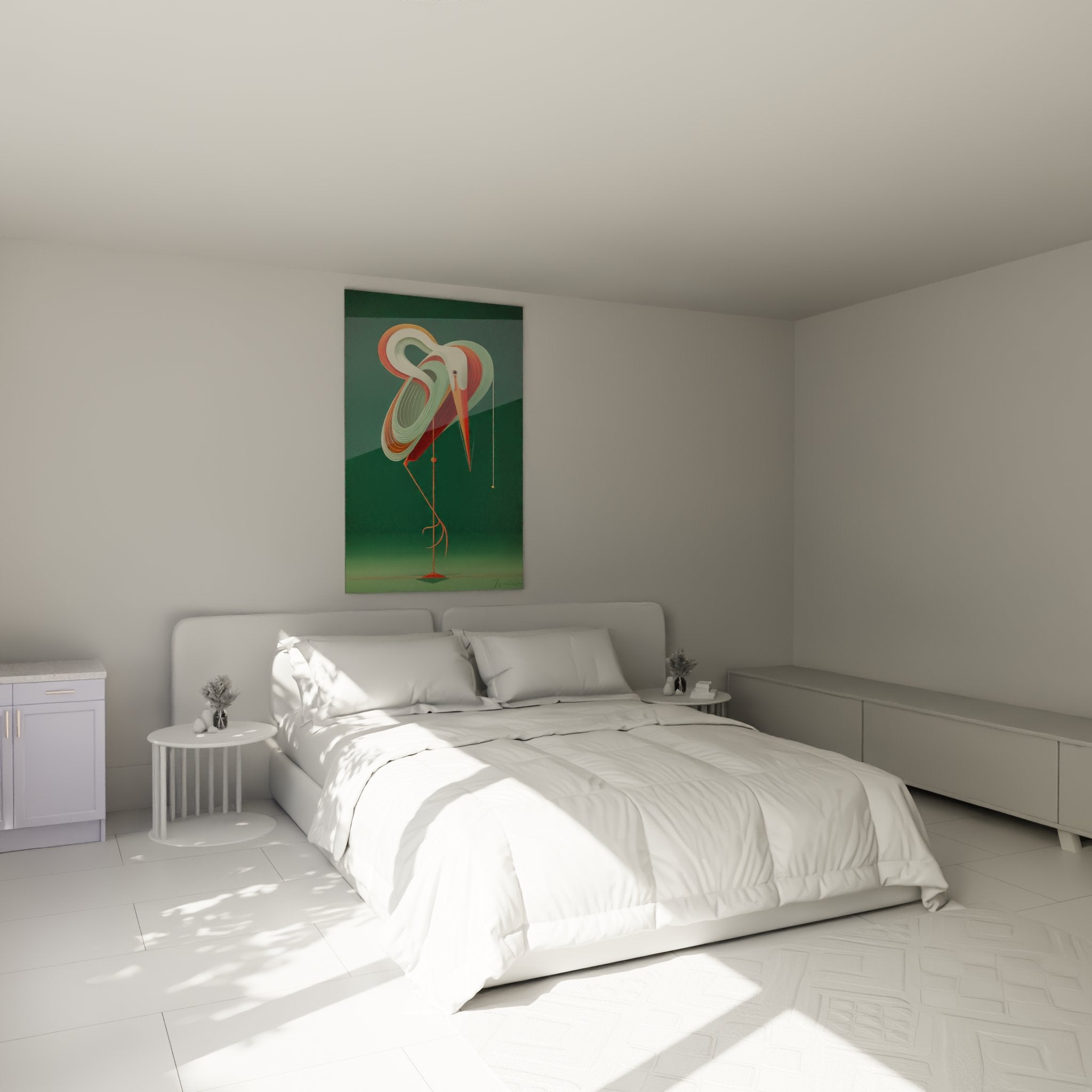 Bedroom decoration with modern art deco heron painting in green and orange tones on contemporary wall