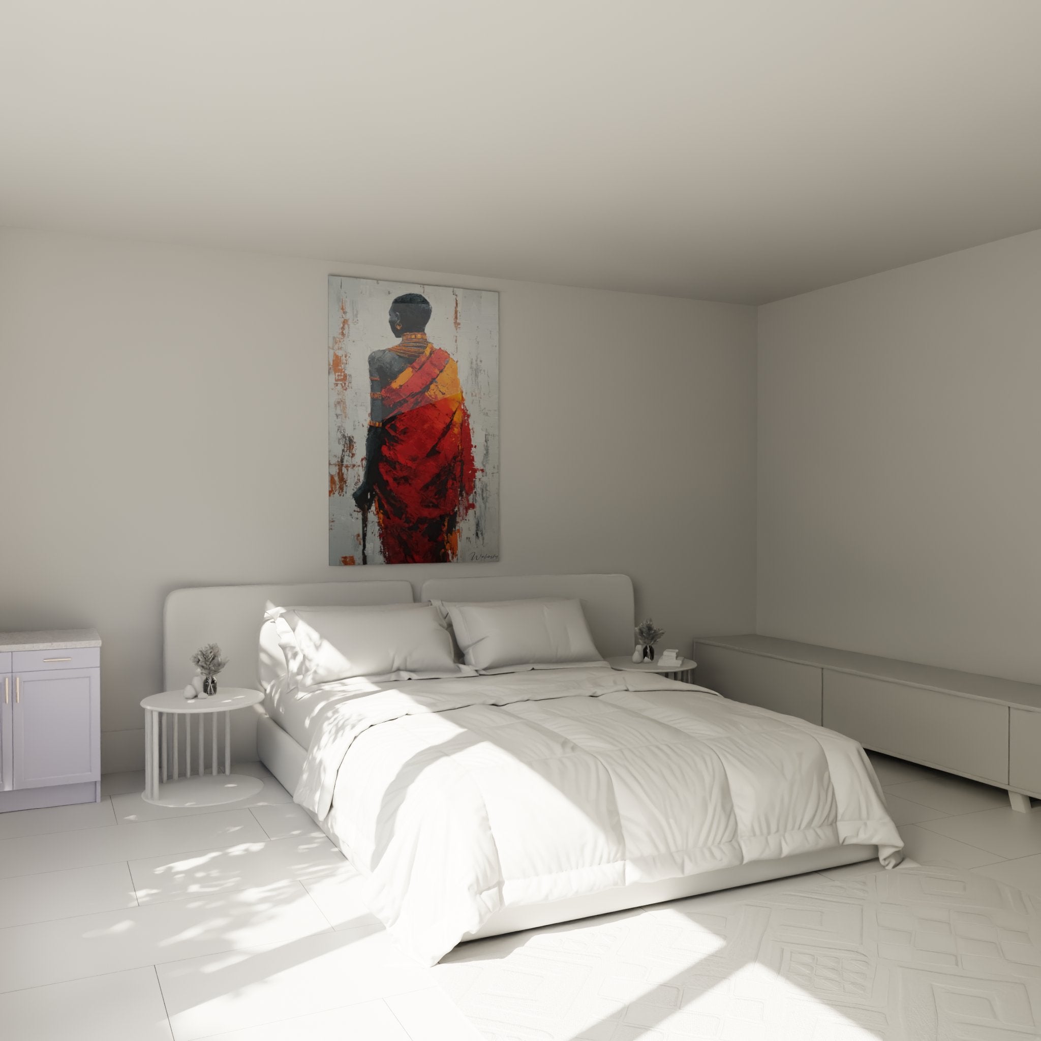 Decoration murale chambre avec tableau femme africaine traditionnelle, ambiance chaleureuse ethnique moderne