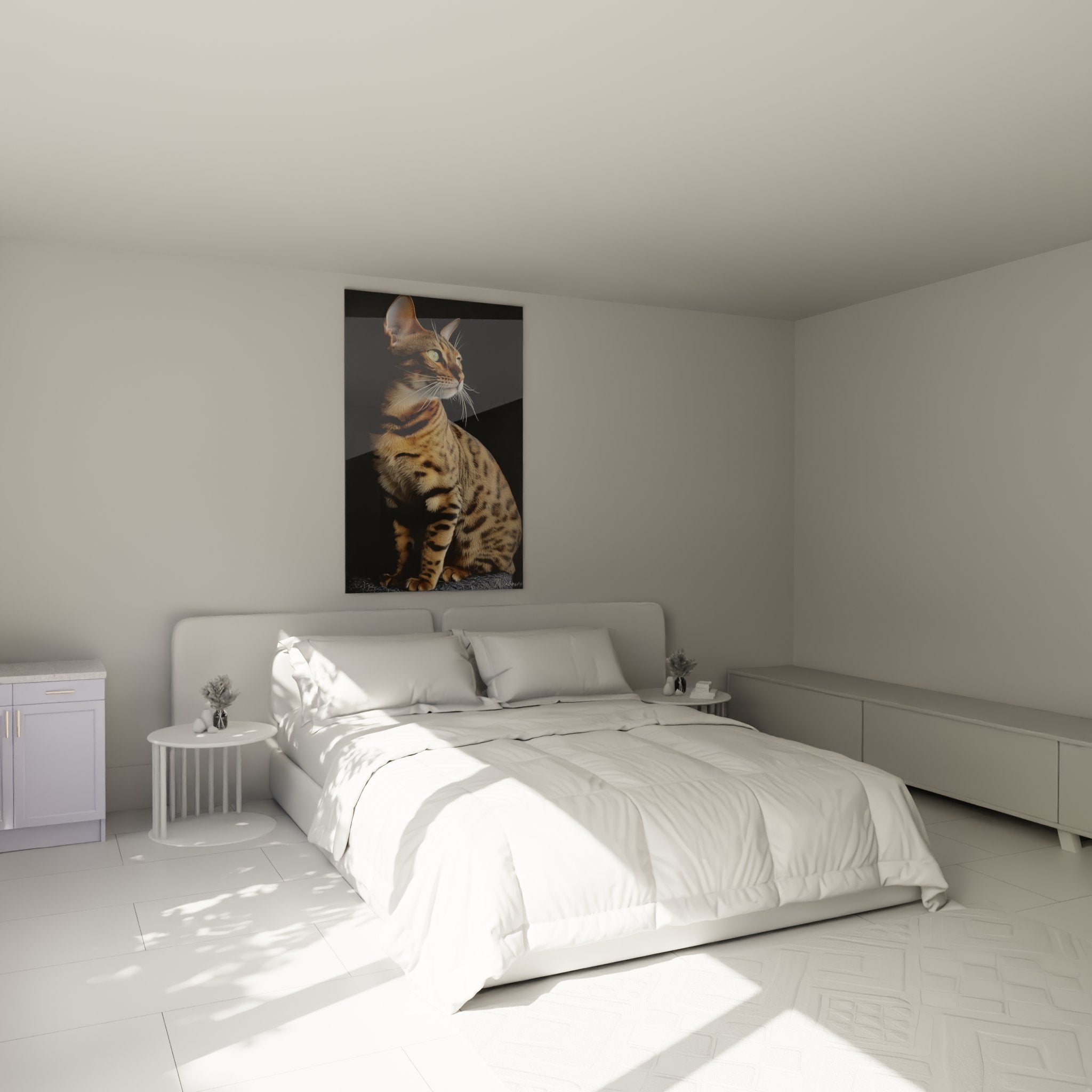 Tableau chat Toyger portrait dans chambre moderne decoration murale feline art animalier contemporain