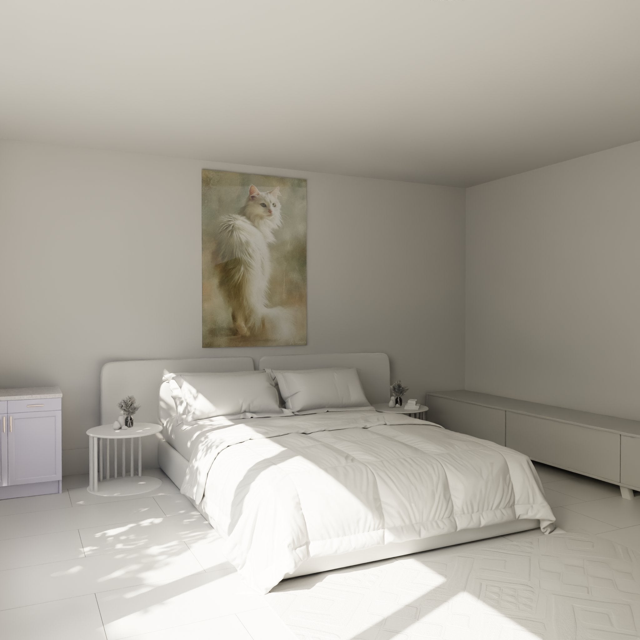 Wall decoration bedroom with Turkish Angora white cat painting majestic cosy and refined atmosphere