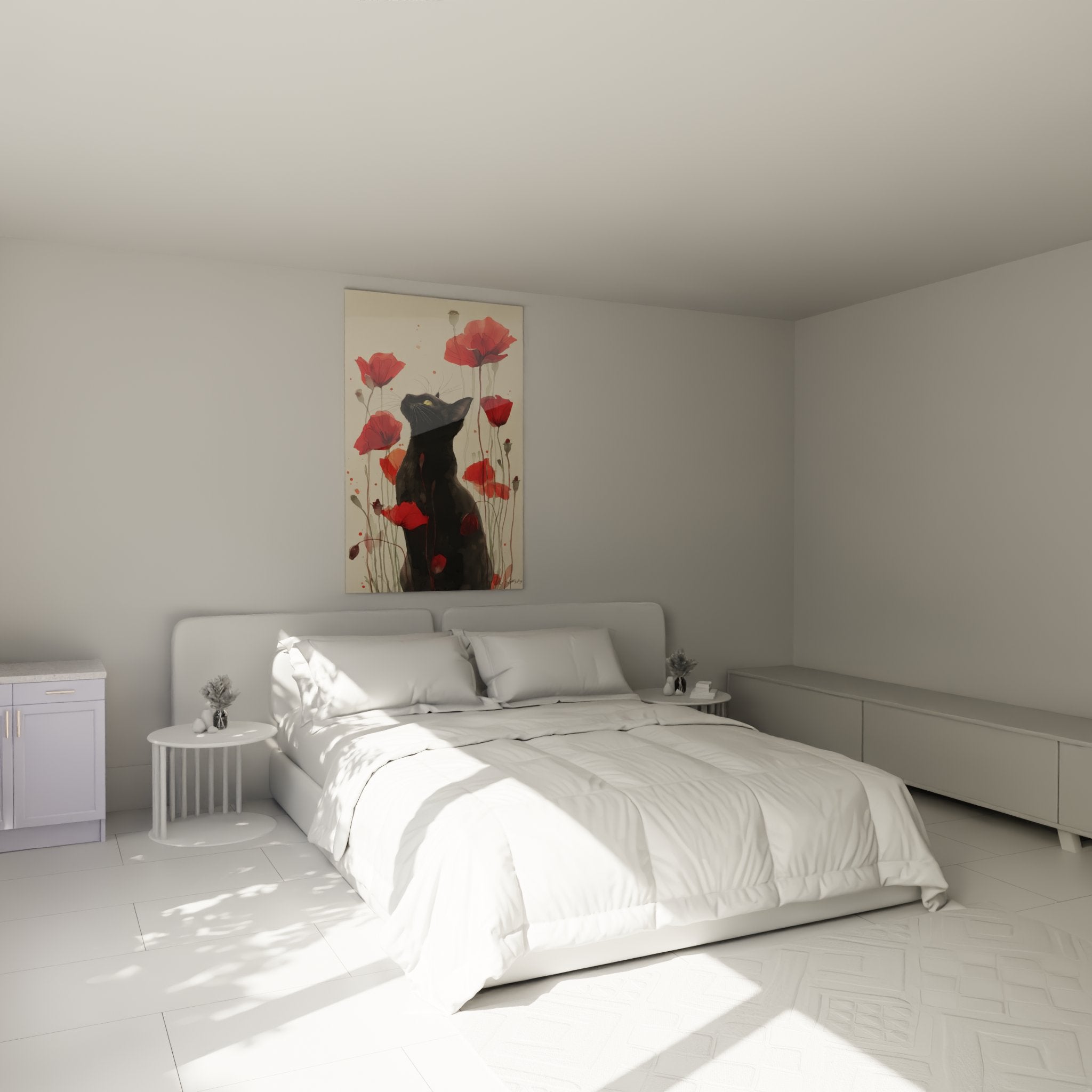 Décoration chambre avec tableau chat noir aux coquelicots, ambiance poétique et raffinée pour intérieur moderne