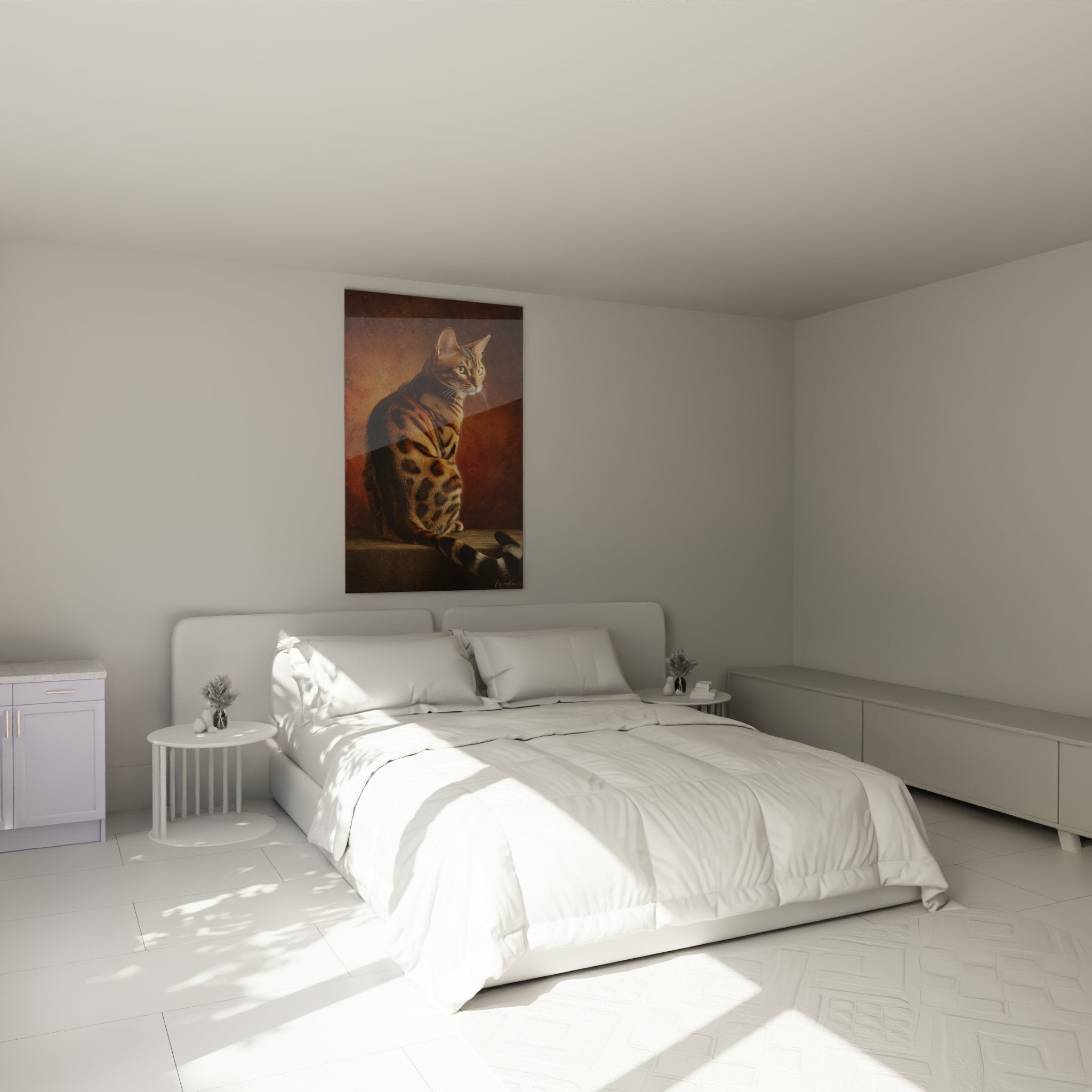 Bedroom decoration with Toyger cat wall art, warm and elegant atmosphere for modern interior