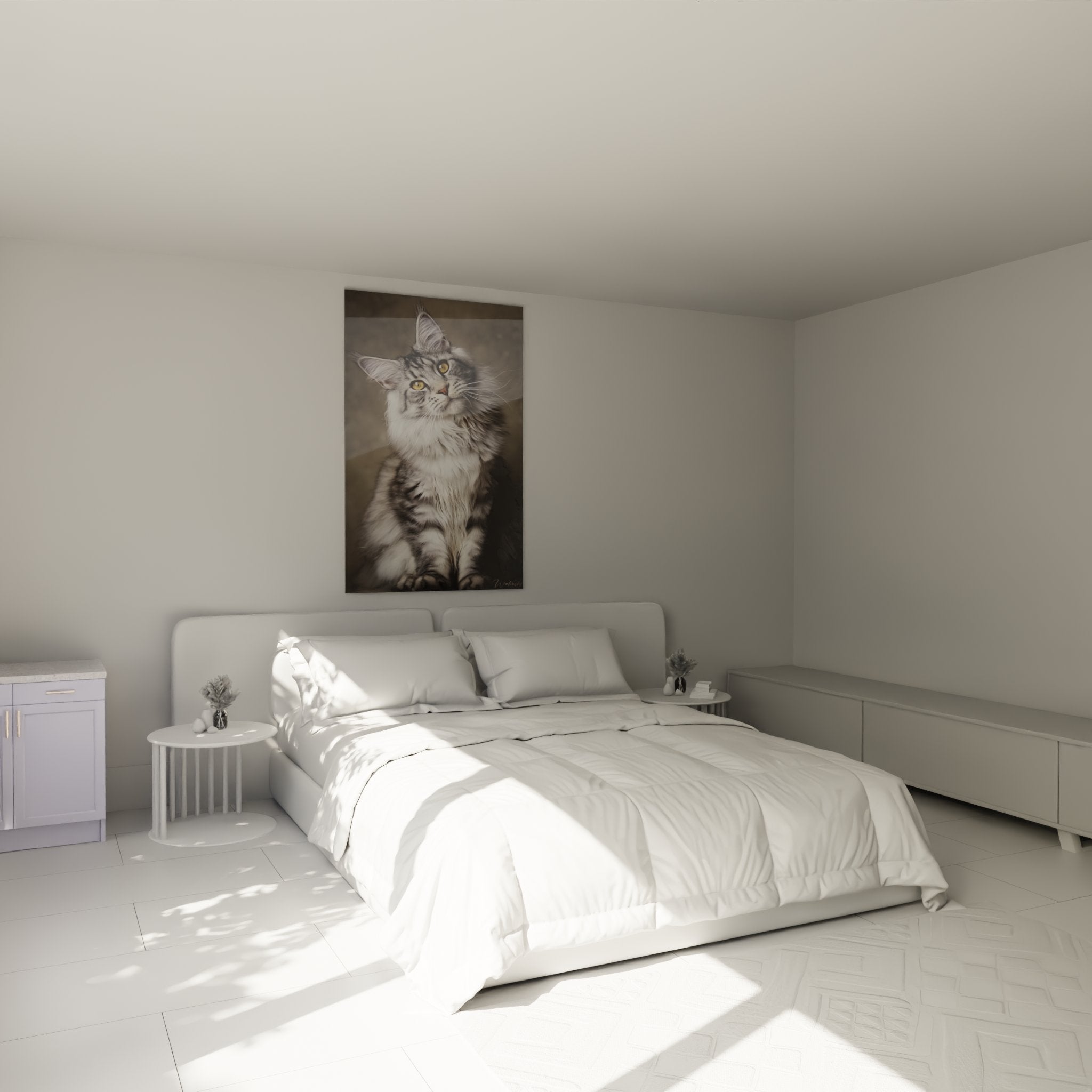Tableau Maine Coon assis installe dans une chambre moderne, decoration murale feline elegante