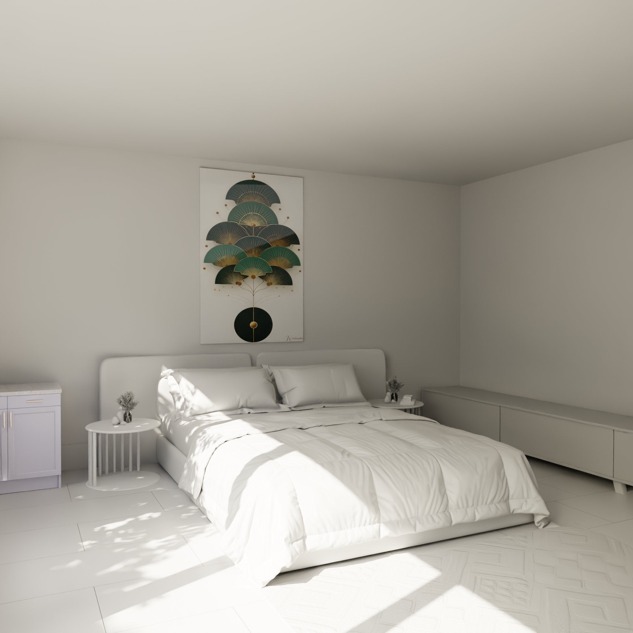 Art deco fan wall art in green and gold decorating a modern bedroom with neutral tones