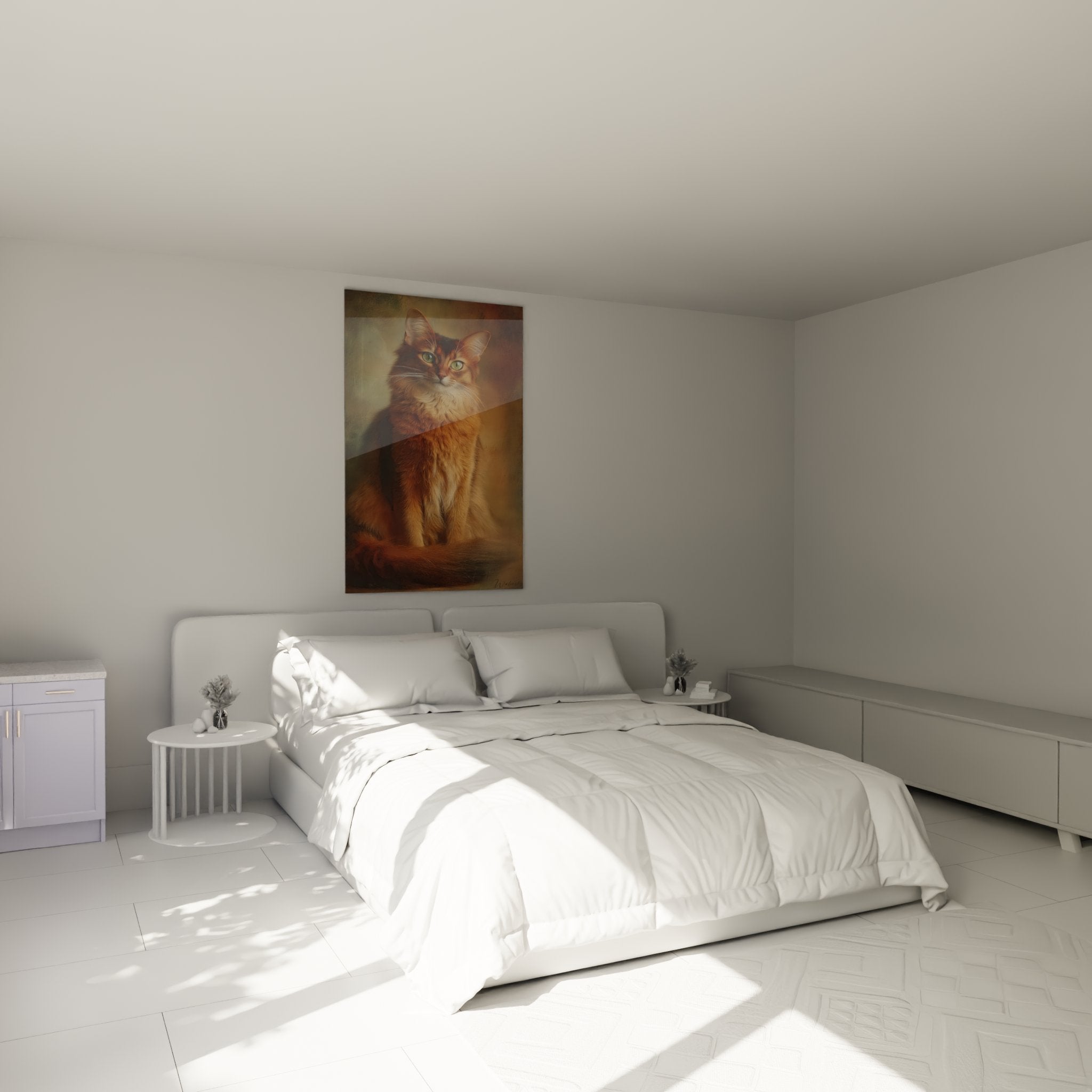 Somali ginger cat painting in modern bedroom, elegant feline wall art with warm tones