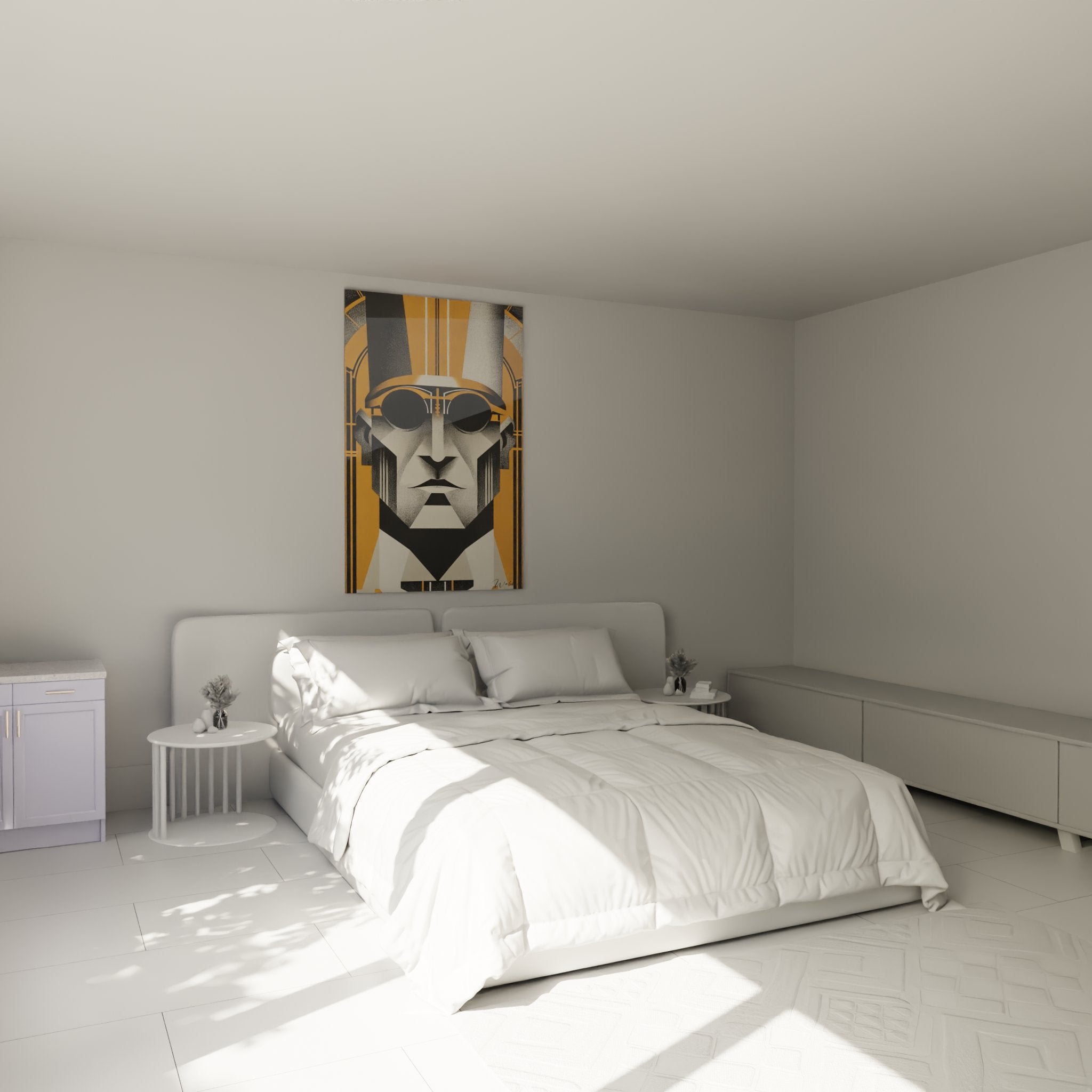 Portrait art déco homme lunettes dans chambre moderne décoration murale vintage style géométrique élégant