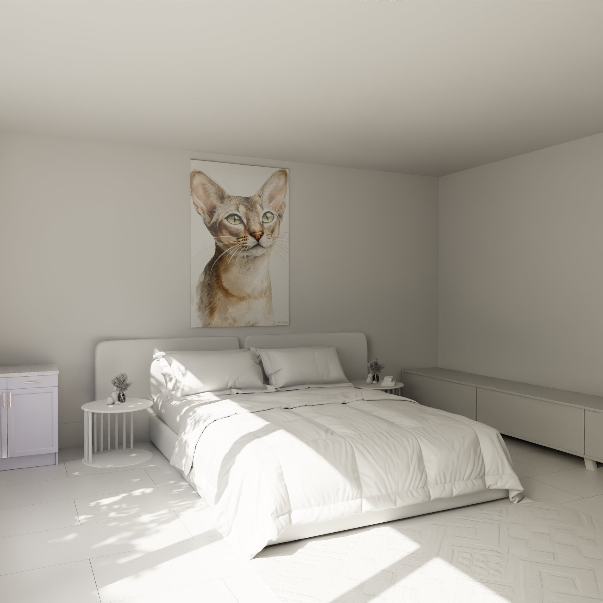 Singapura cat wall art in modern bedroom, feline art mural with green eyes cosy ambiance
