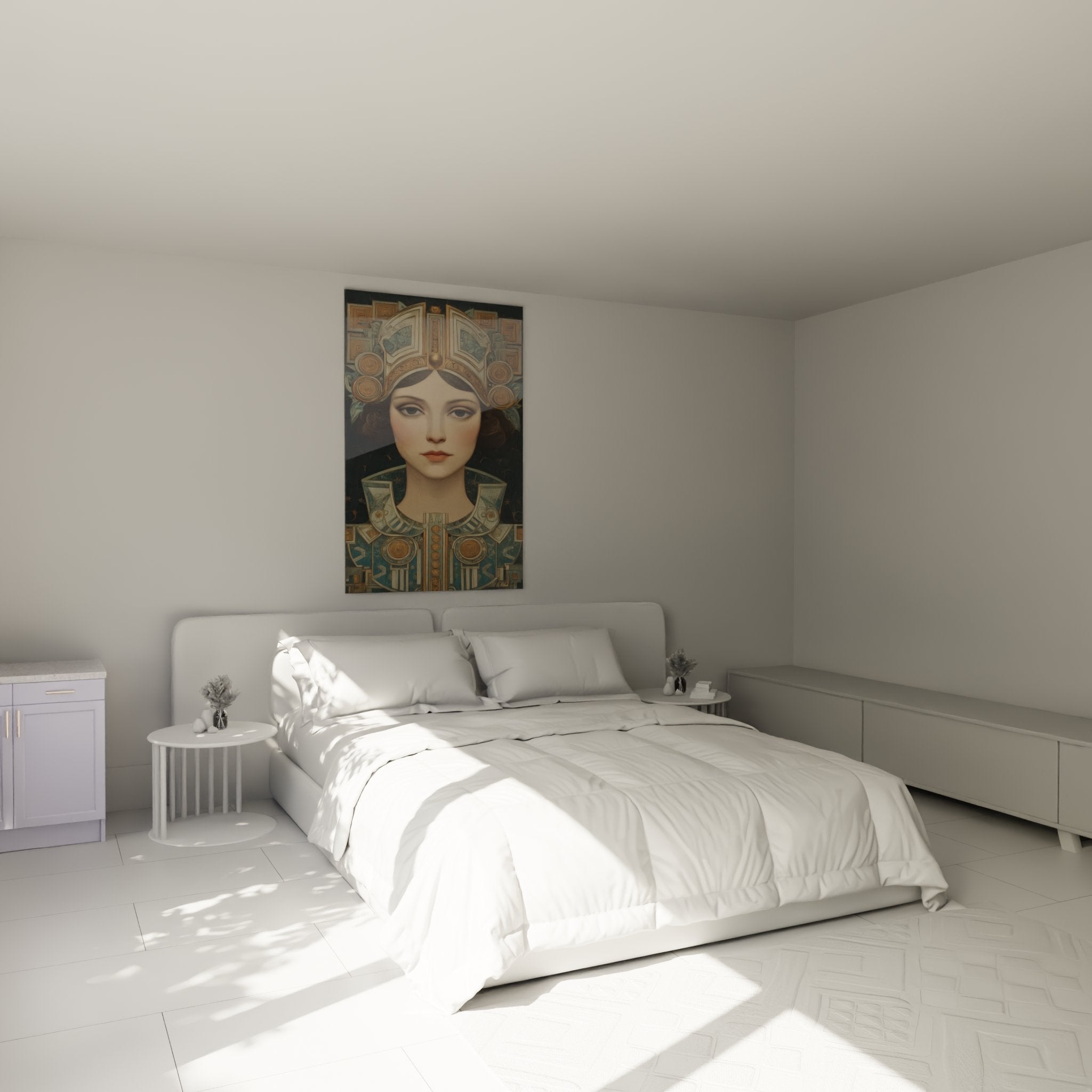 Wall decoration bedroom with portrait painting art deco woman with golden jewelry elegant byzantine style