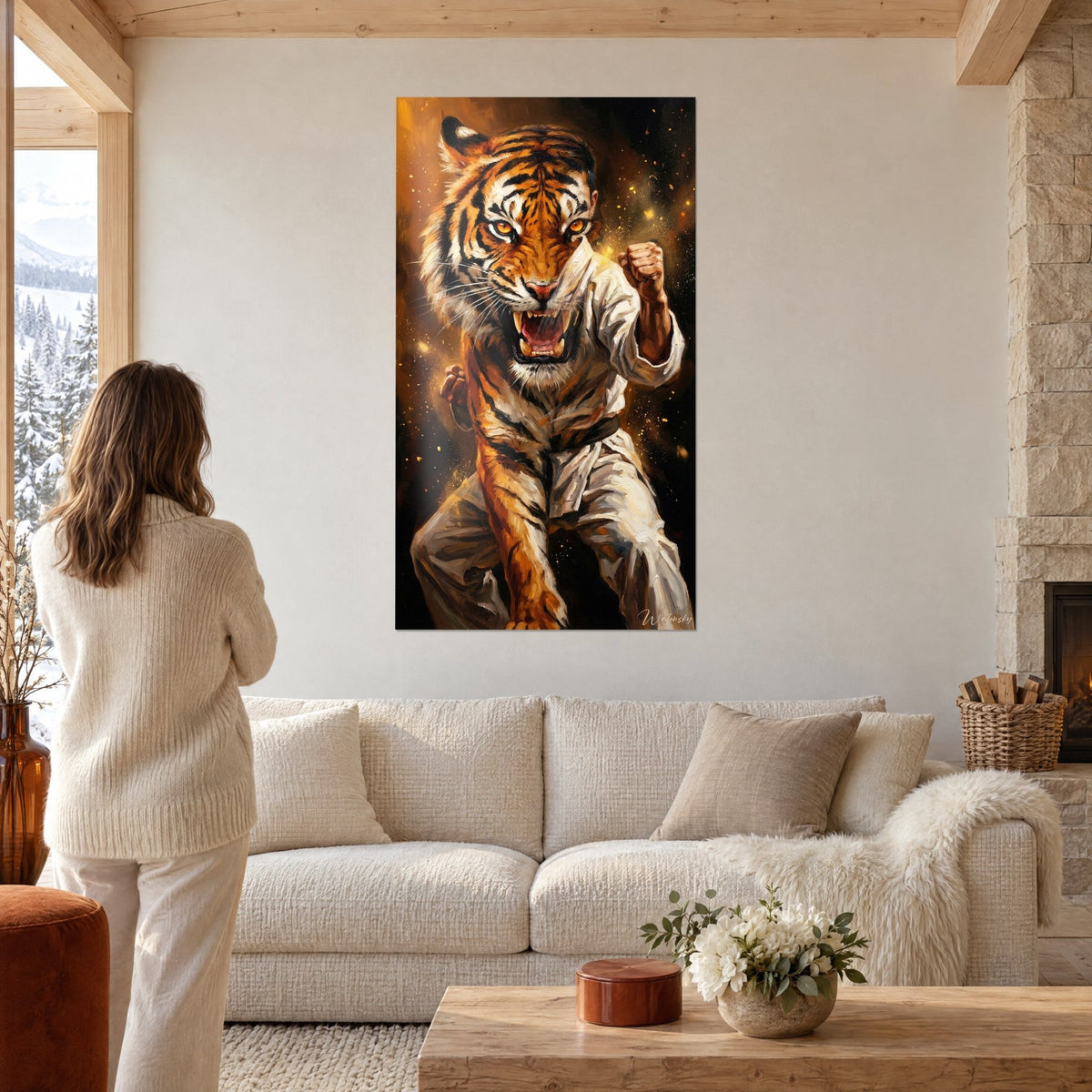 Wall art of a karate tiger in a white gi, clenched fist on a black and gold background, above a sofa in a bright living room