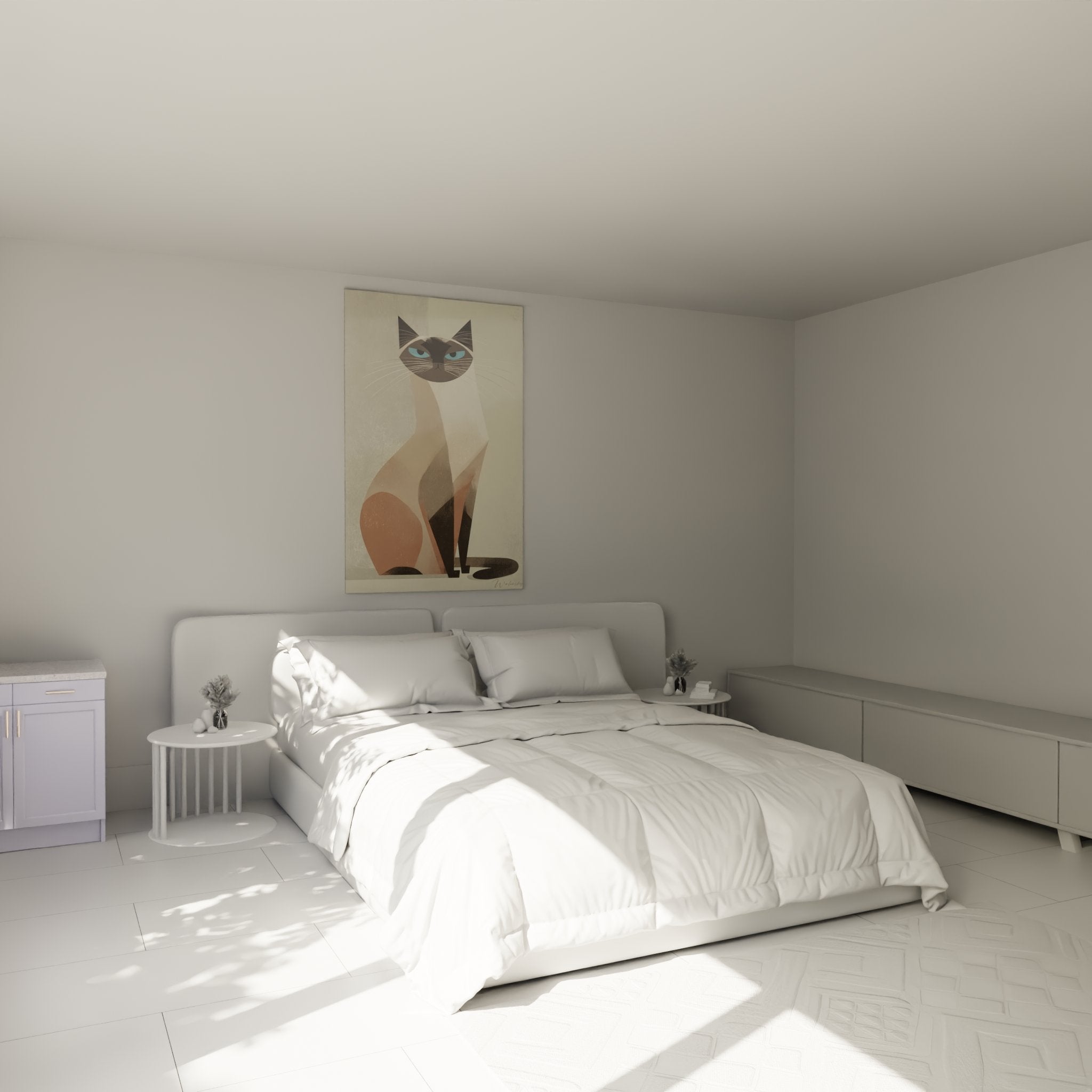 Decorazione camera da letto con quadro gatto siamese geometrico moderno, atmosfera accogliente ed elegante tonalità neutre