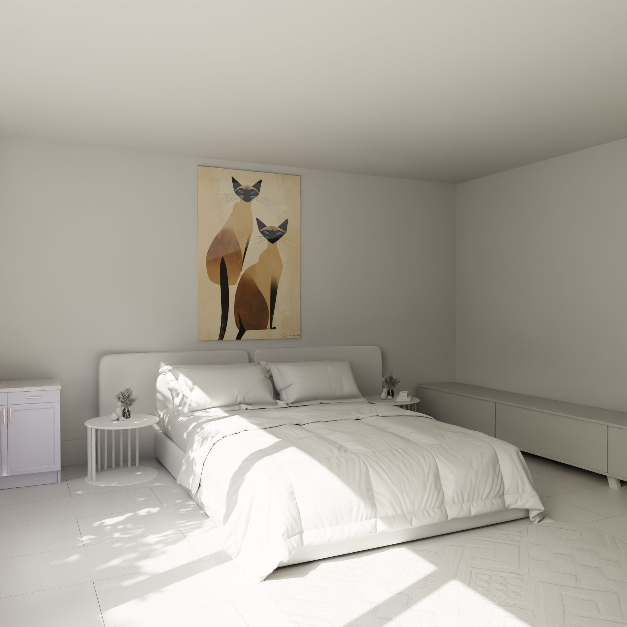 Bedroom decoration with geometric Siamese cats wall art modern minimalist style