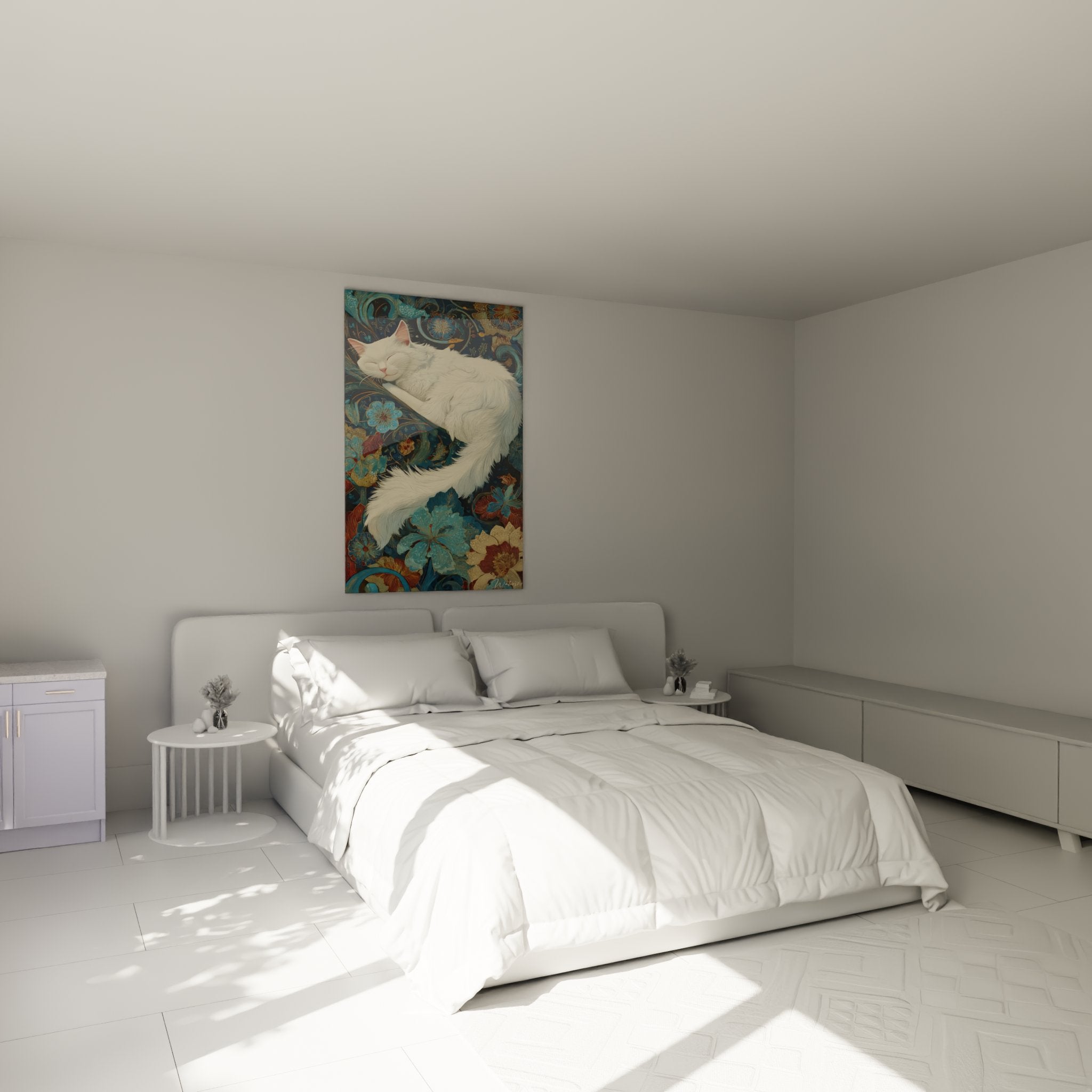 White Turkish Angora cat wall art decorating a modern bedroom with colorful oriental floral patterns