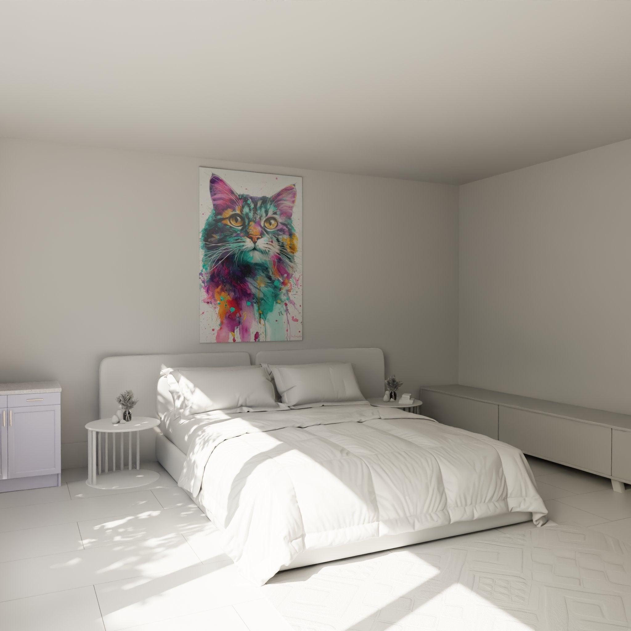 American Bobtail Aquarell Katzenbild farbig im modernen Schlafzimmer künstlerische felinen Wanddekoration