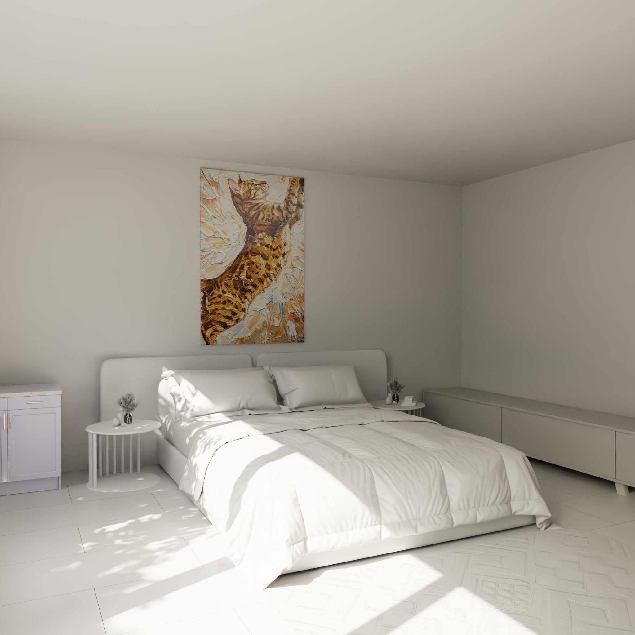 Tableau chat Ocicat impasto dans chambre moderne decoration murale feline tons chauds ambiance cosy