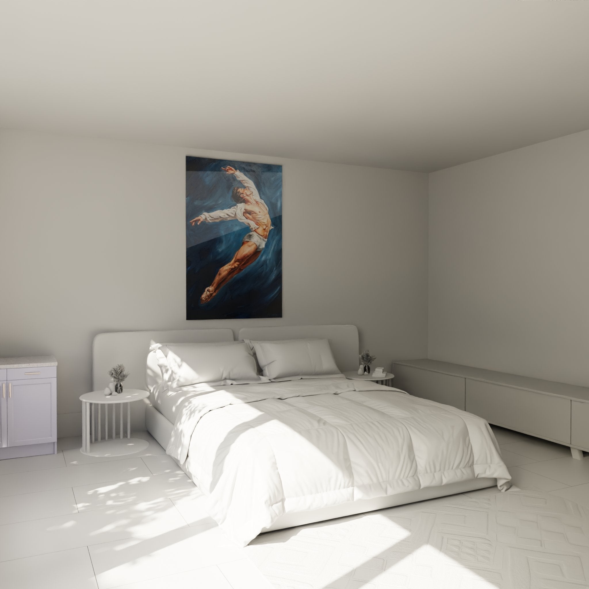 Contemporary dancer artwork decorating a modern bedroom, dance wall art on white wall
