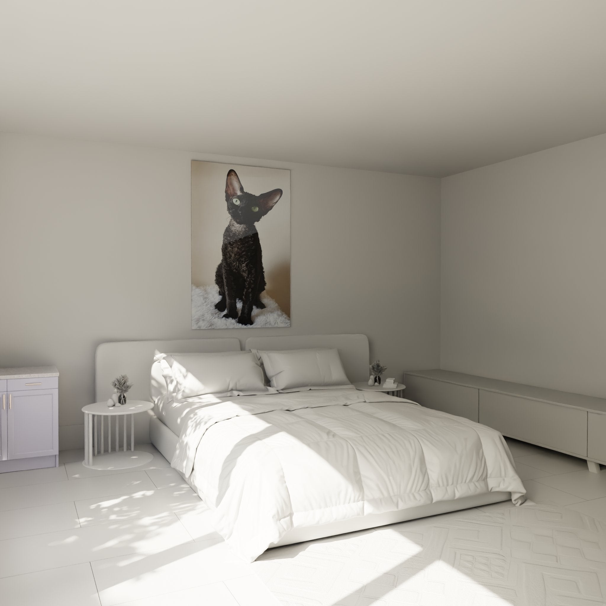 Decorazione camera da letto con quadro gatto Cornish Rex nero, atmosfera moderna ed elegante per interno contemporaneo