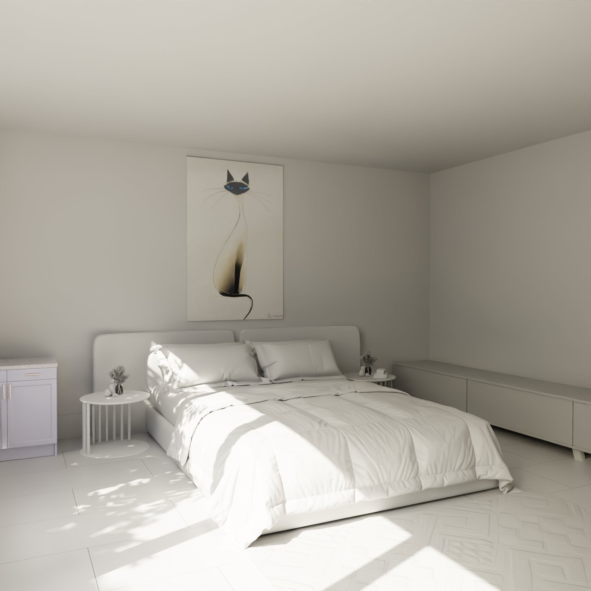 Siamese cat wall art decorating a modern bedroom, zen and minimalist ambiance with piercing blue eyes