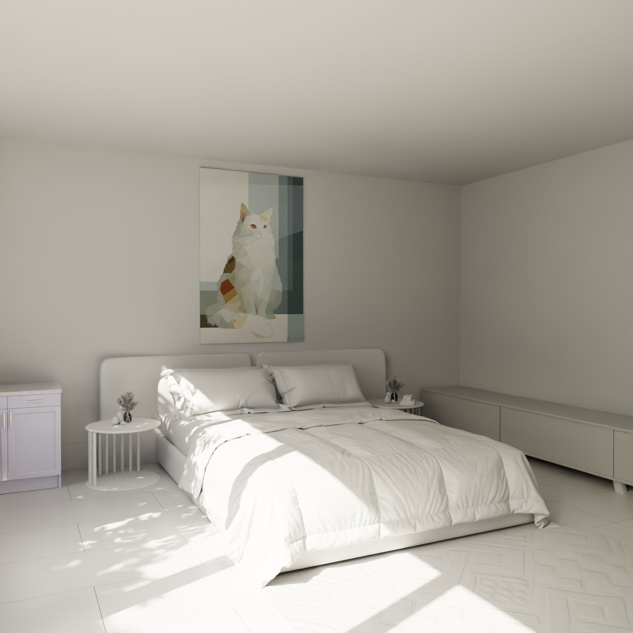 Tableau chat Turkish Van yeux vairons accroche dans une chambre moderne, decoration murale elegante