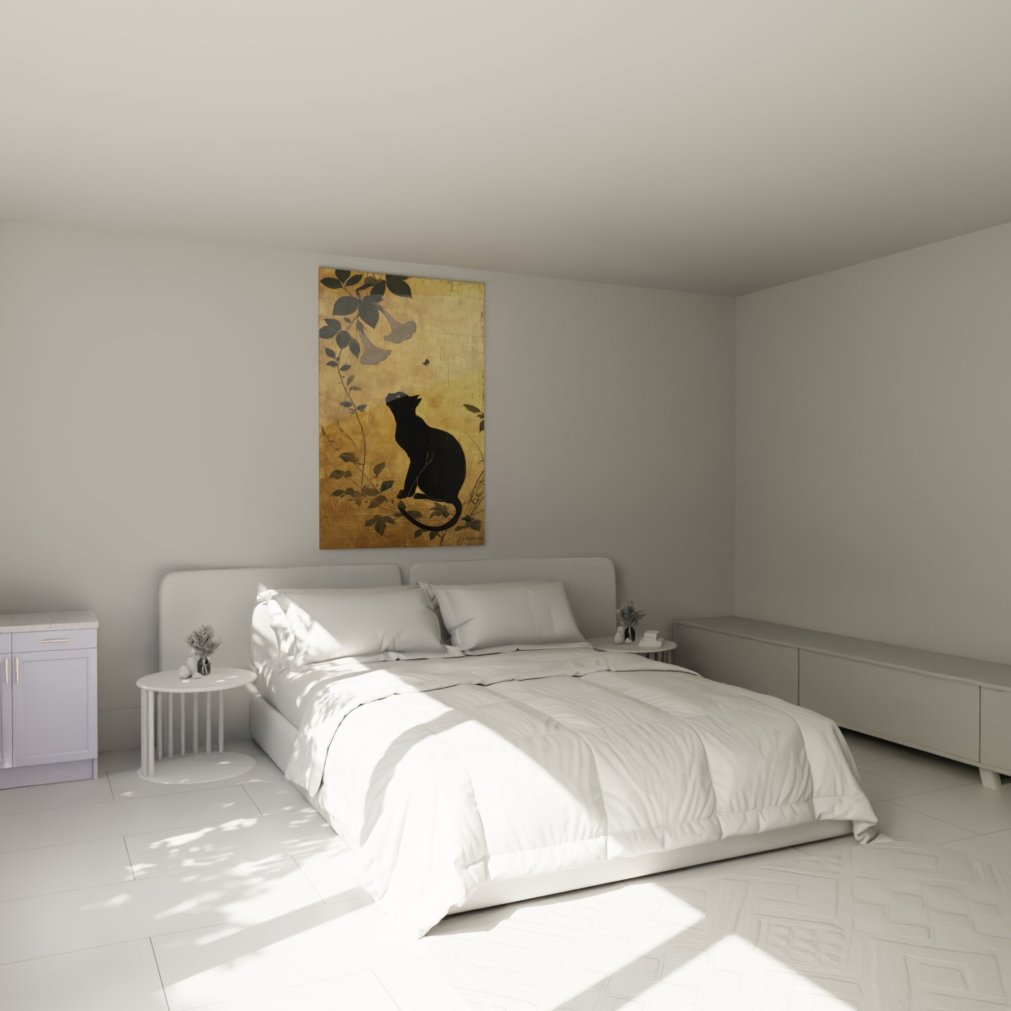 Decorazione murale camera da letto con quadro gatto nero elegante stile arte asiatica sfondo dorato