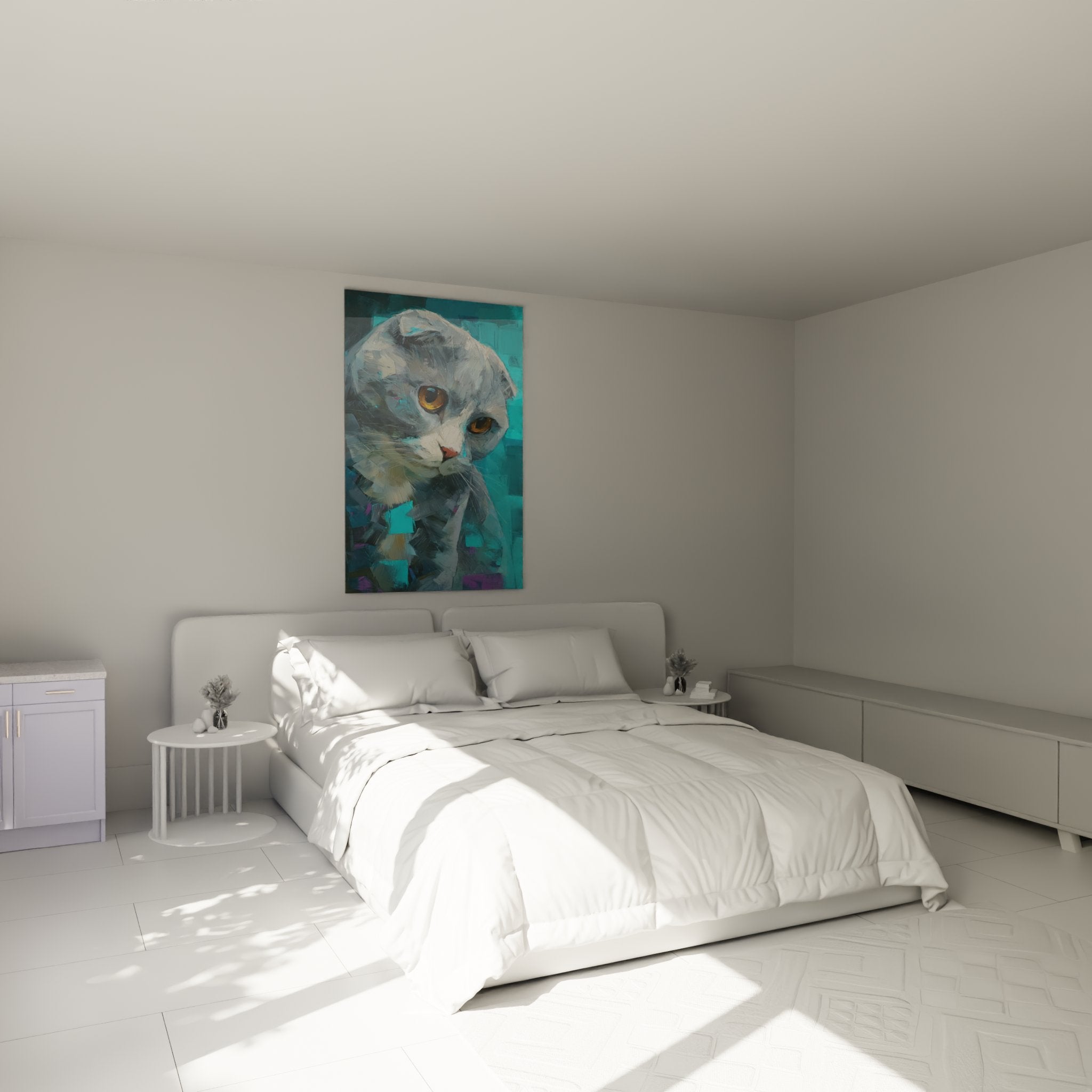 Wall decoration bedroom with artistic Scottish Fold cat painting in turquoise and grey tones