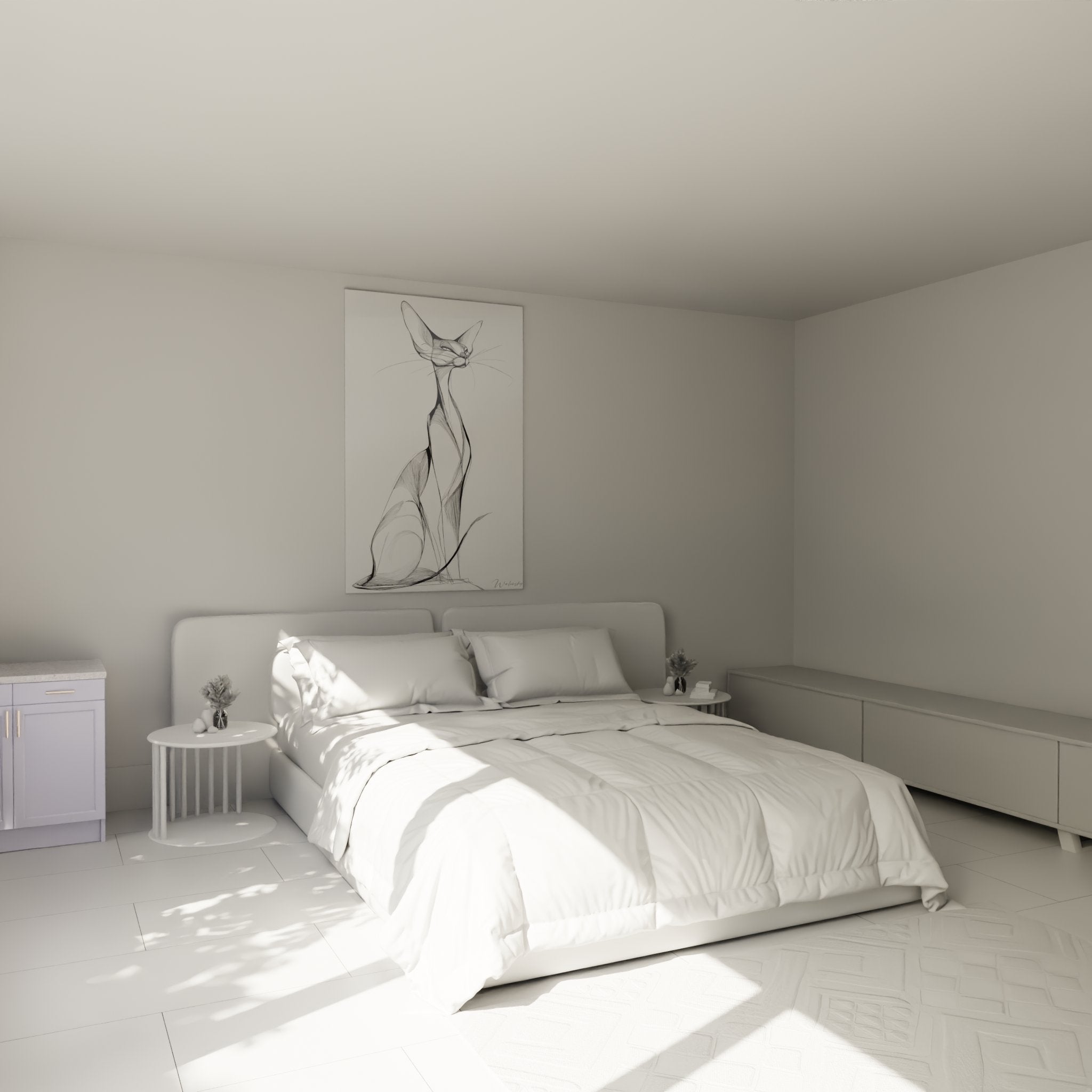 Bedroom decoration with minimalist black and white cat painting modern feline wall art