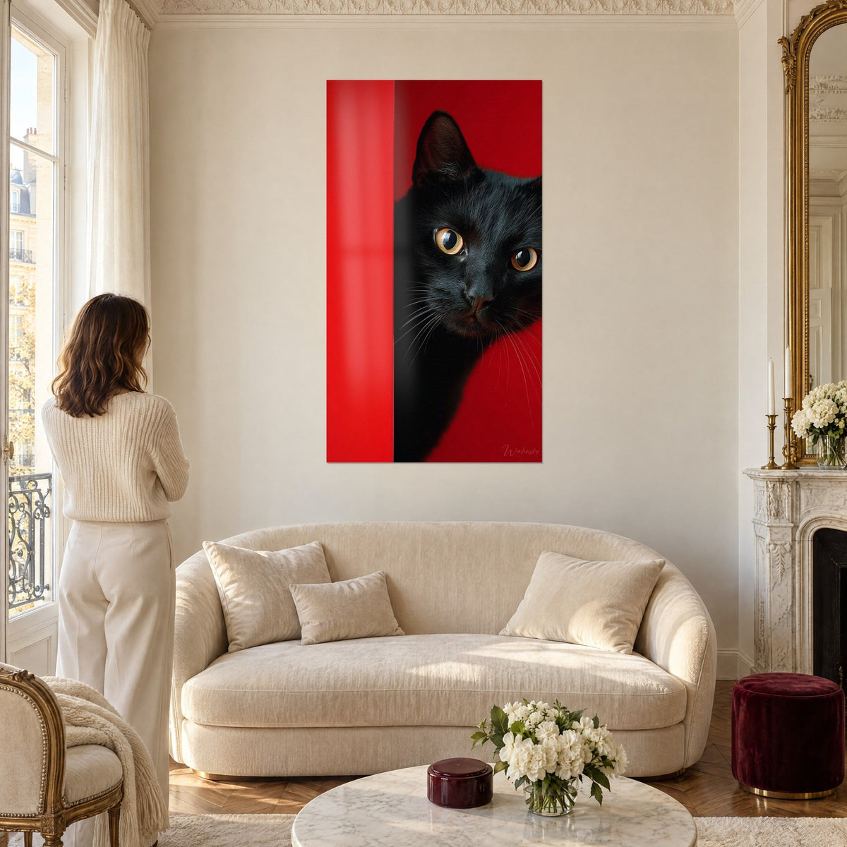 Cuadro gato negro de mirada dorada, la mitad del hocico oculta tras un pliegue de tela rojo intenso, sobre un sofá en un salón luminoso