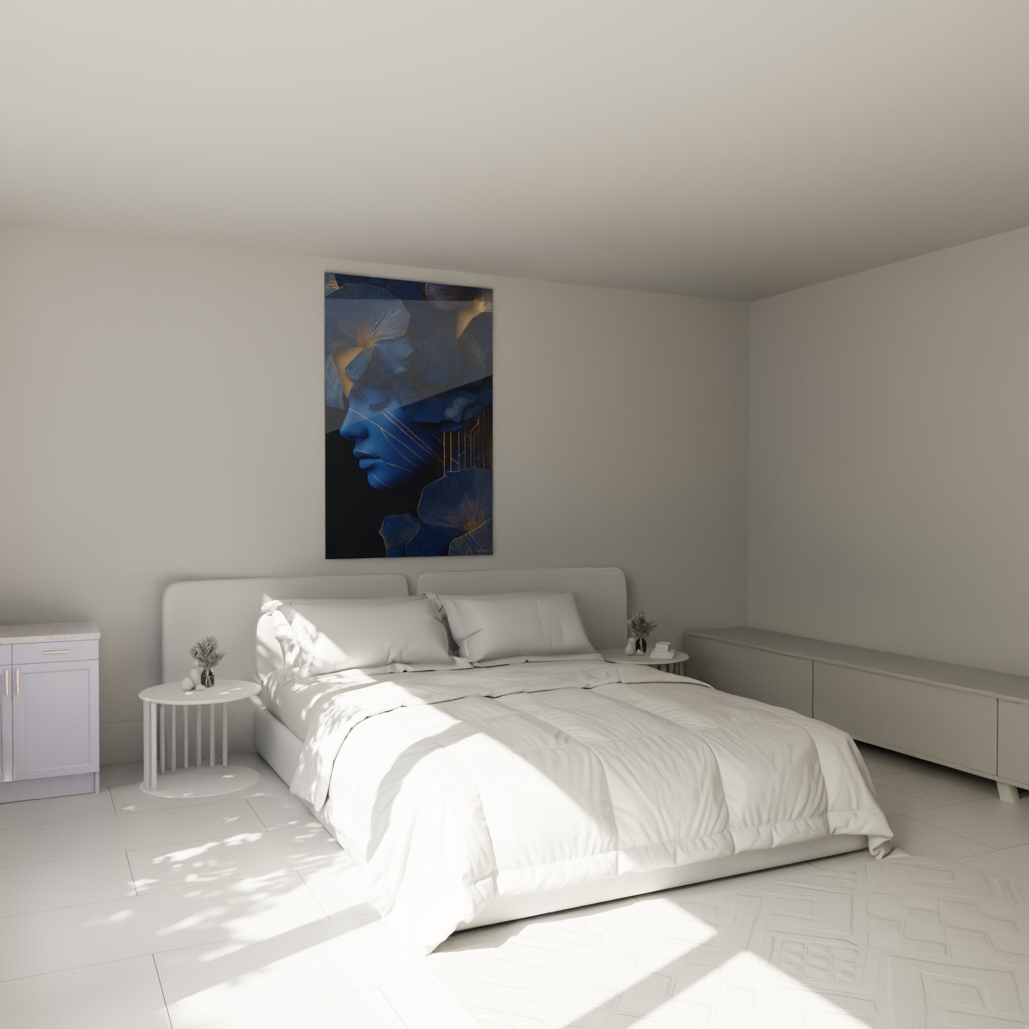 Tableau art déco femme ginkgo bleu dans chambre moderne, décoration murale élégante