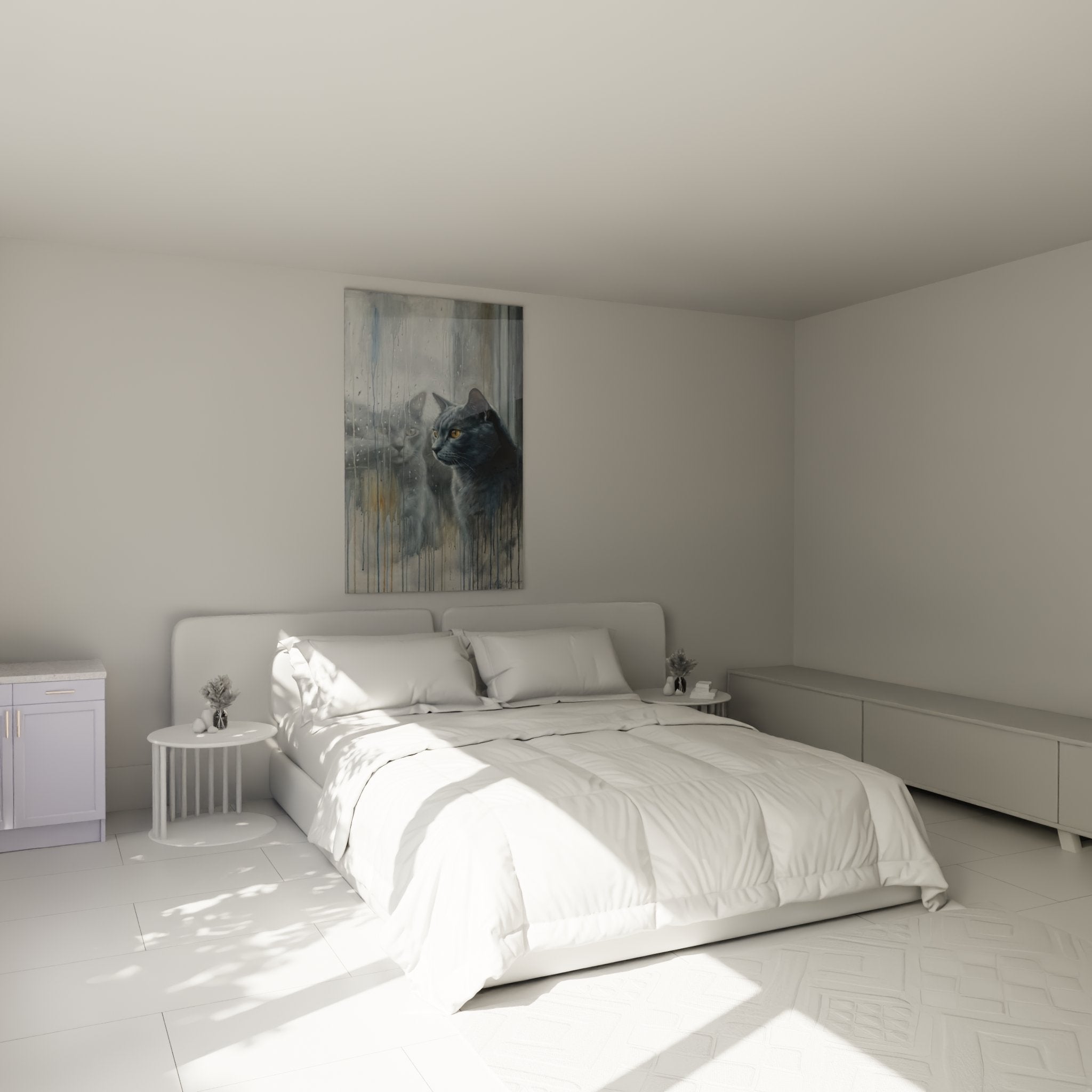 Tableau chat Chartreux sous la pluie accroche dans chambre moderne, decoration murale feline artistique
