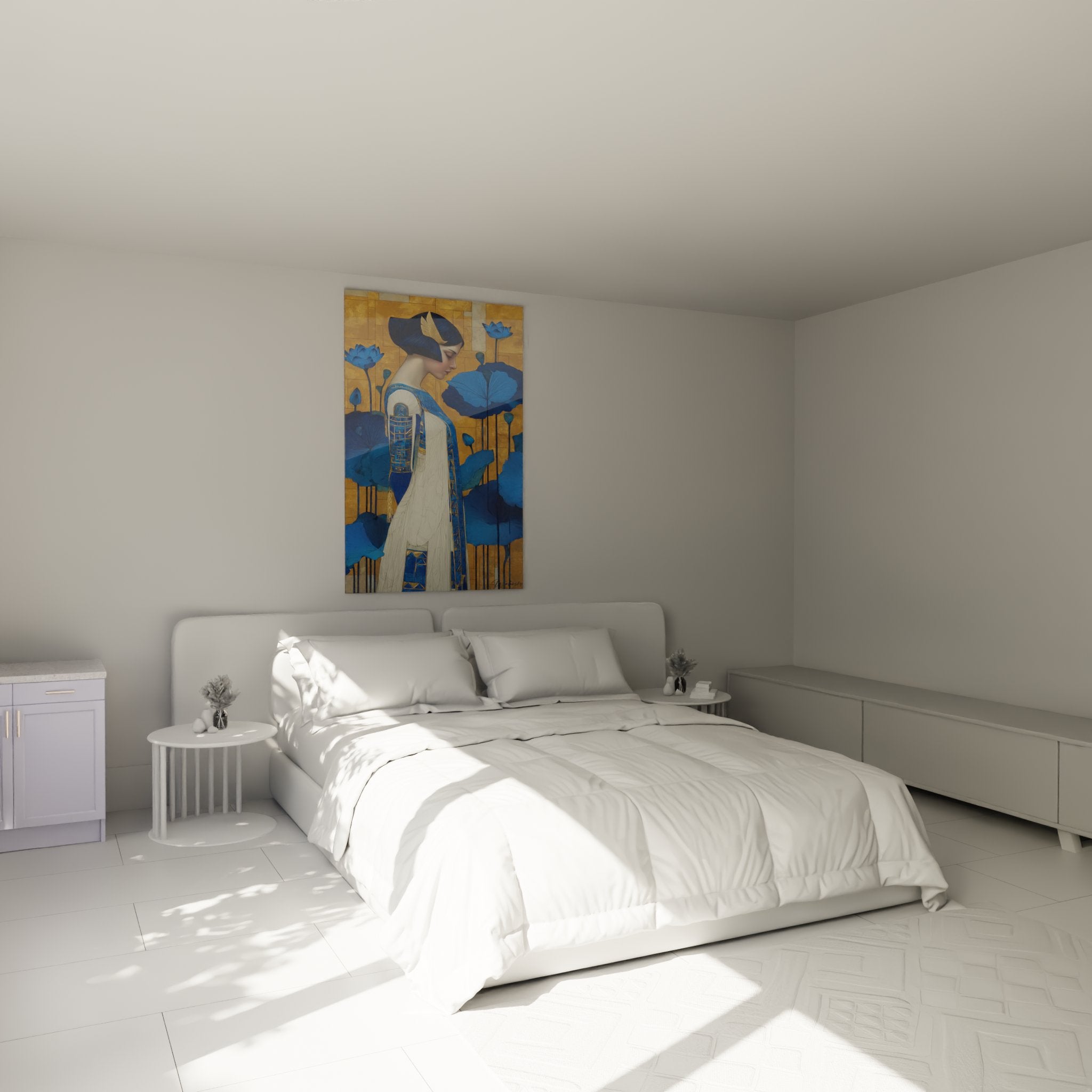 Art deco woman with blue lotus painting installed in modern bedroom elegant wall decoration golden ambiance