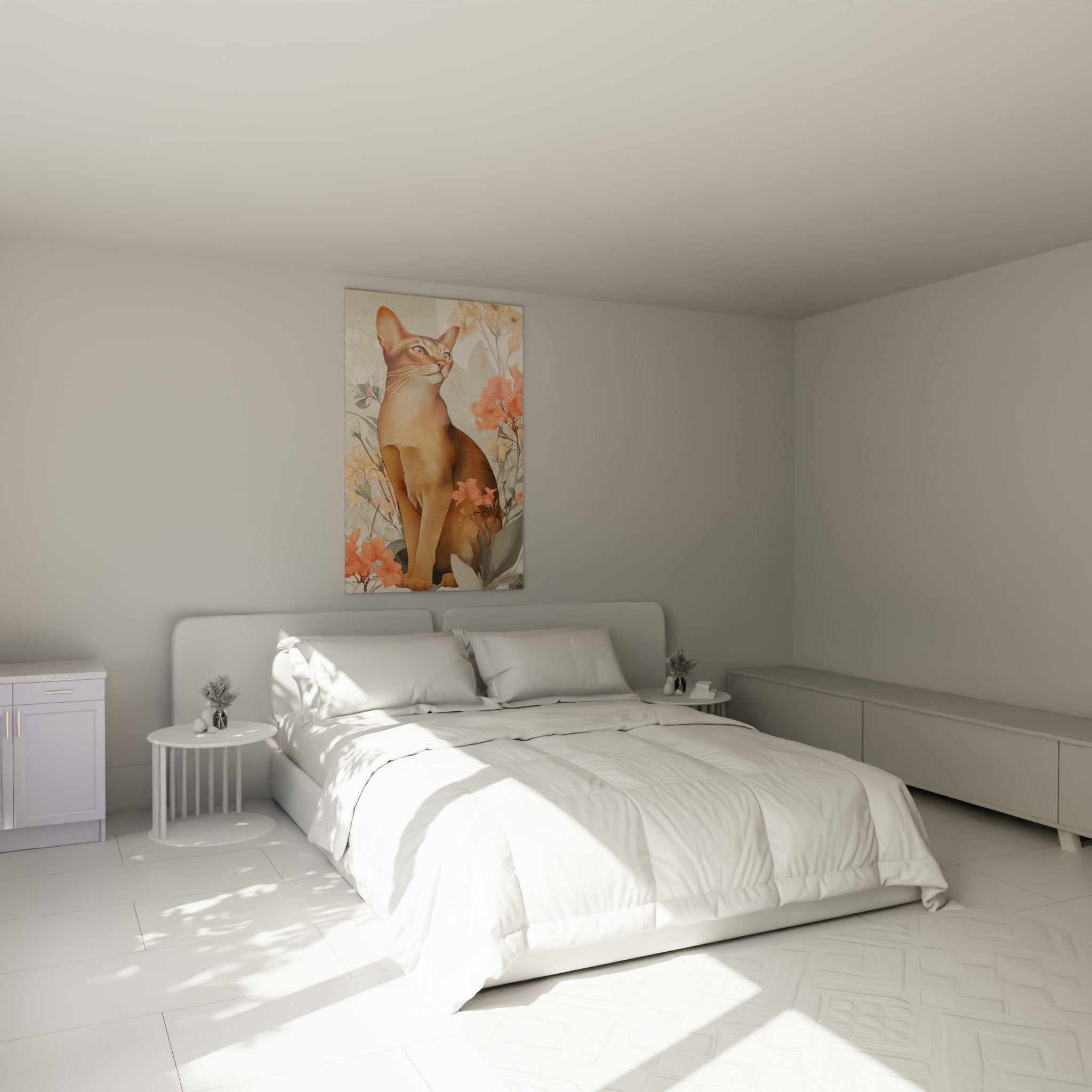 Quadro gatto Abissino floreale in camera moderna atmosfera accogliente decorazione murale elegante