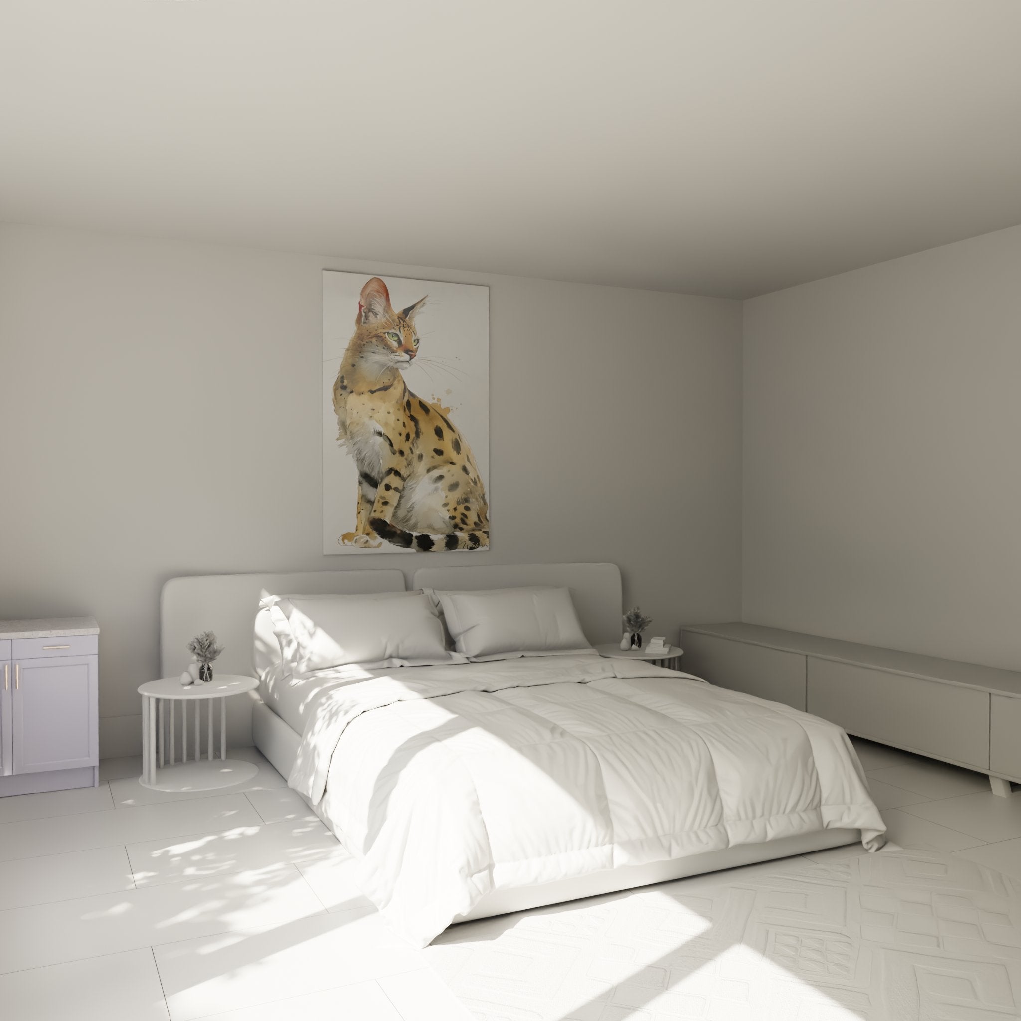 Décoration chambre avec tableau chat Savannah aquarelle, ambiance chaleureuse, art mural félin élégant