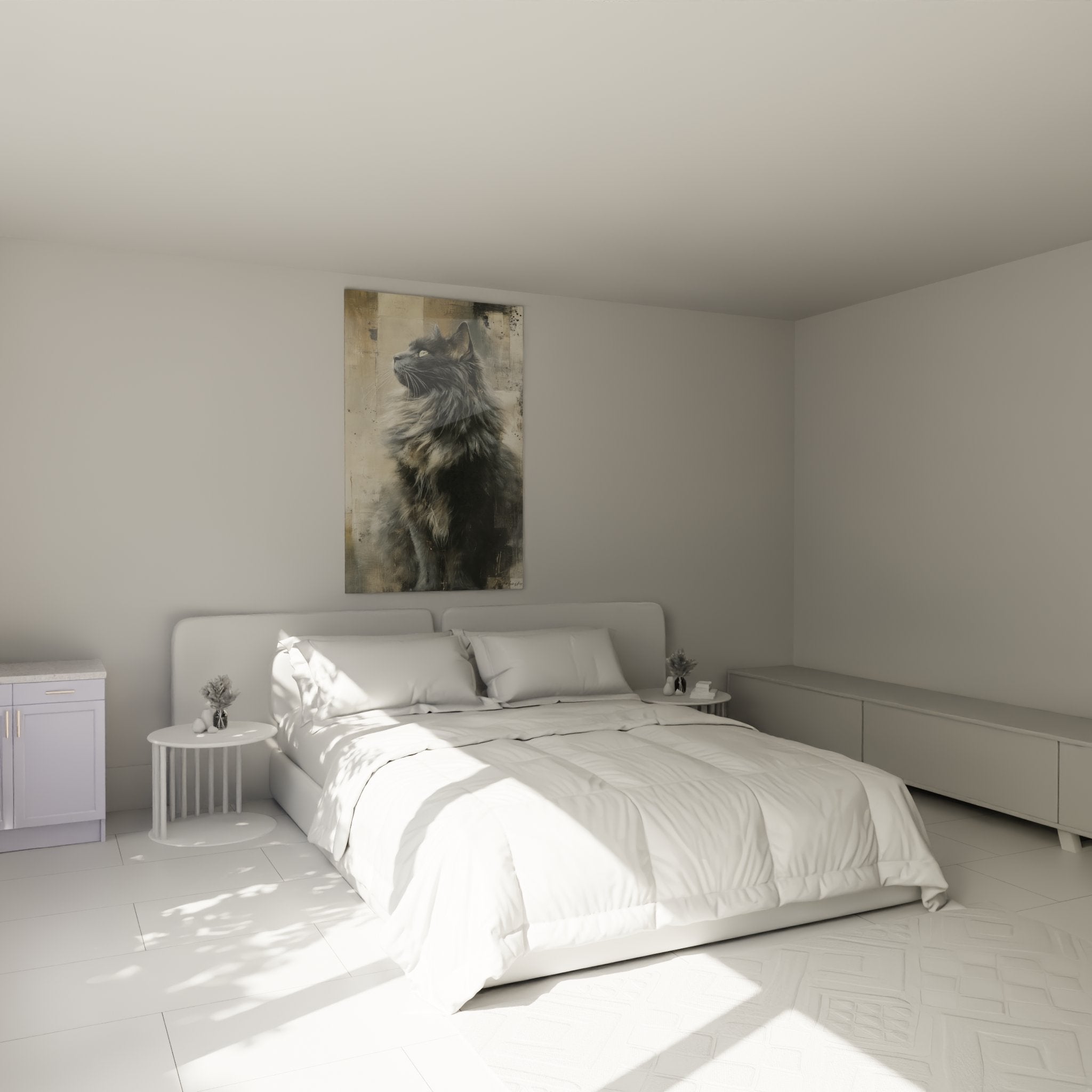 Déco chambre avec tableau chat Sibérien majestueux au-dessus du lit, ambiance cosy