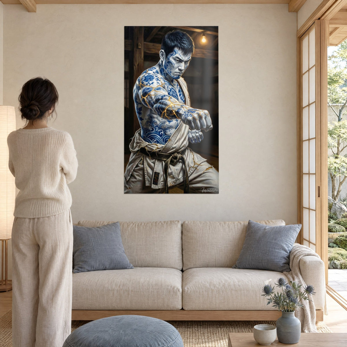 Tableau karatéka au torse tatoué de motifs bleu cobalt sur peau blanche, fissures dorées, au-dessus d'un canapé dans un salon lumineux