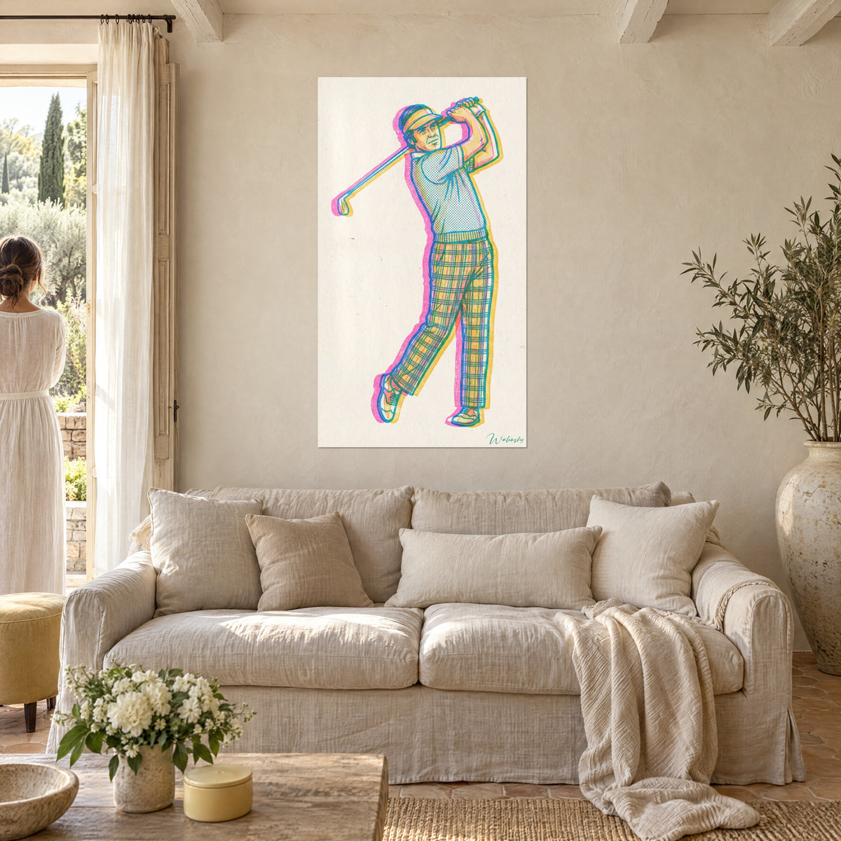 Décoration murale golf style pop art dans chambre moderne avec golfeur coloré vintage