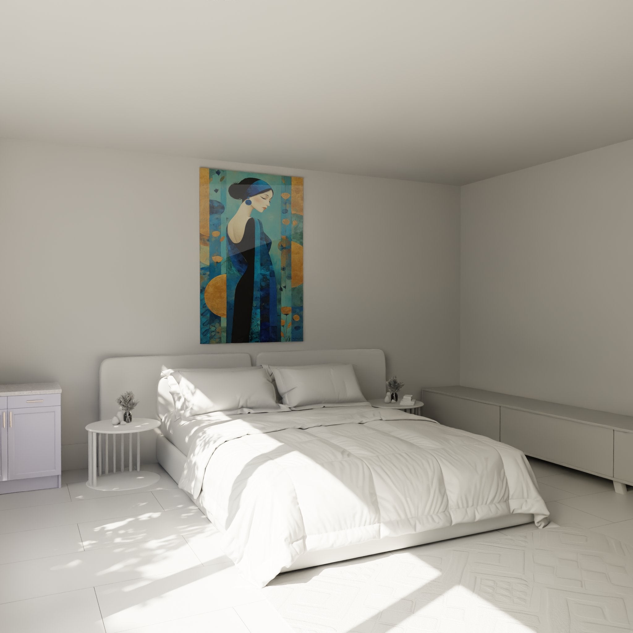 Decoro camera quadro art deco donna profilo blu oro atmosfera sofisticata