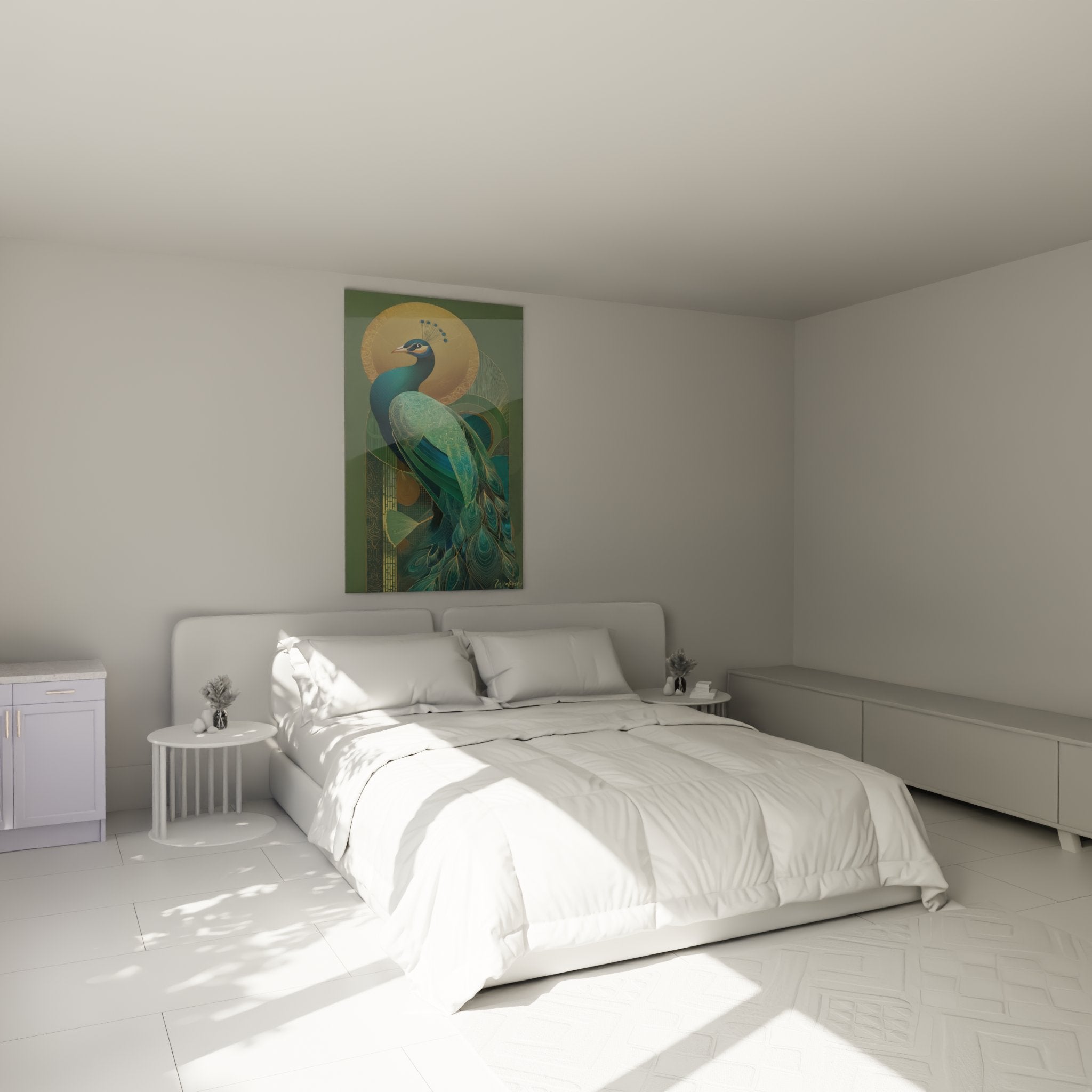 Schlafzimmer-Dekoration mit Art-Déco-Pfau-Gemälde in Gold, das eine elegante und raffinierte Atmosphäre schafft