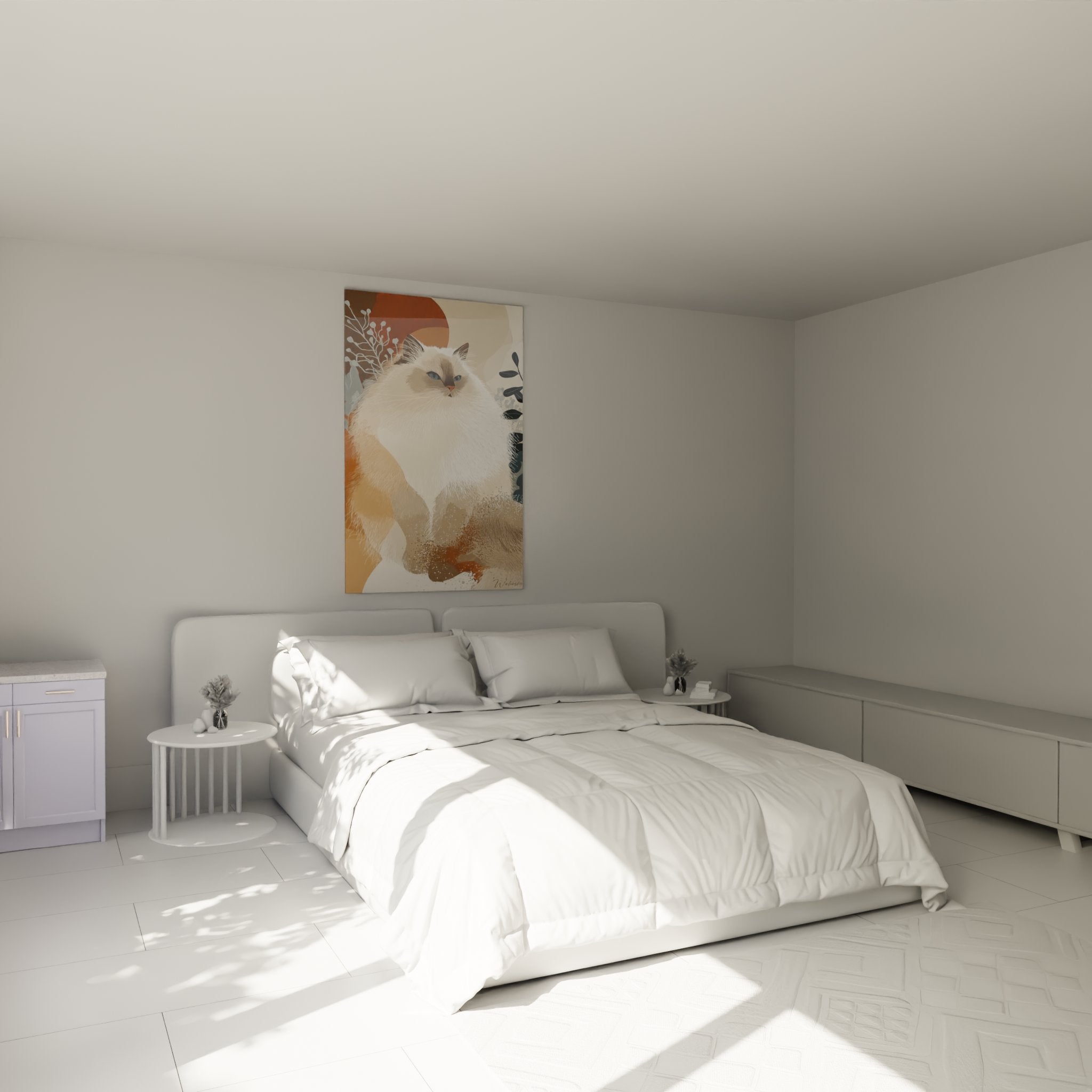 Décoration chambre avec tableau chat Sibérien majestueux tons chauds ambiance cosy nordique