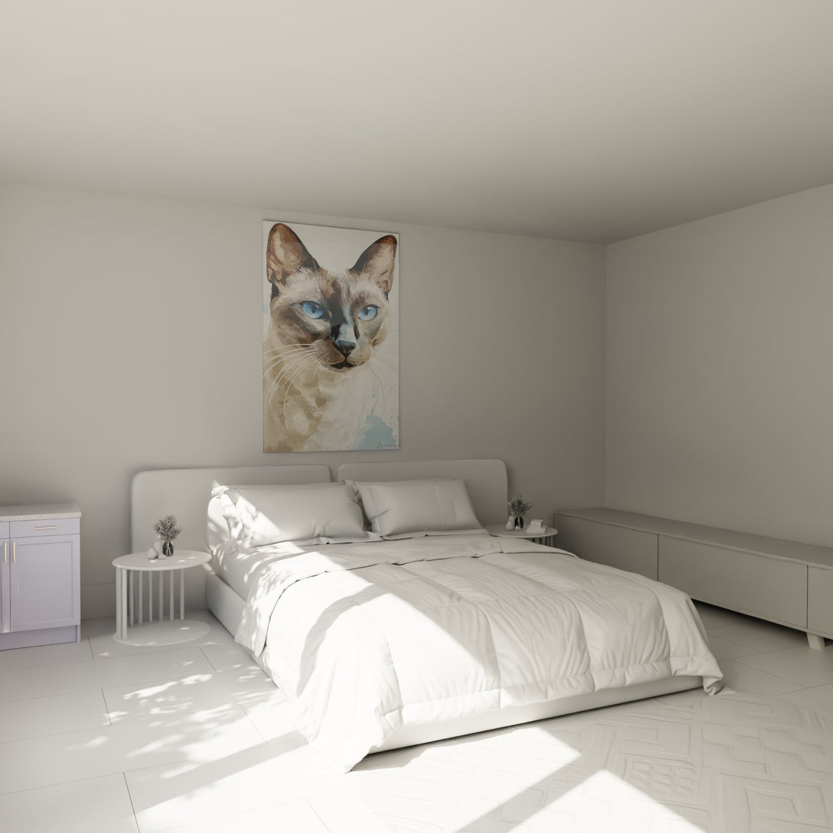 Tonkinese-Katze mit blauen Augen Gemälde in modernem Schlafzimmer, elegante und beruhigende feline Wanddekoration