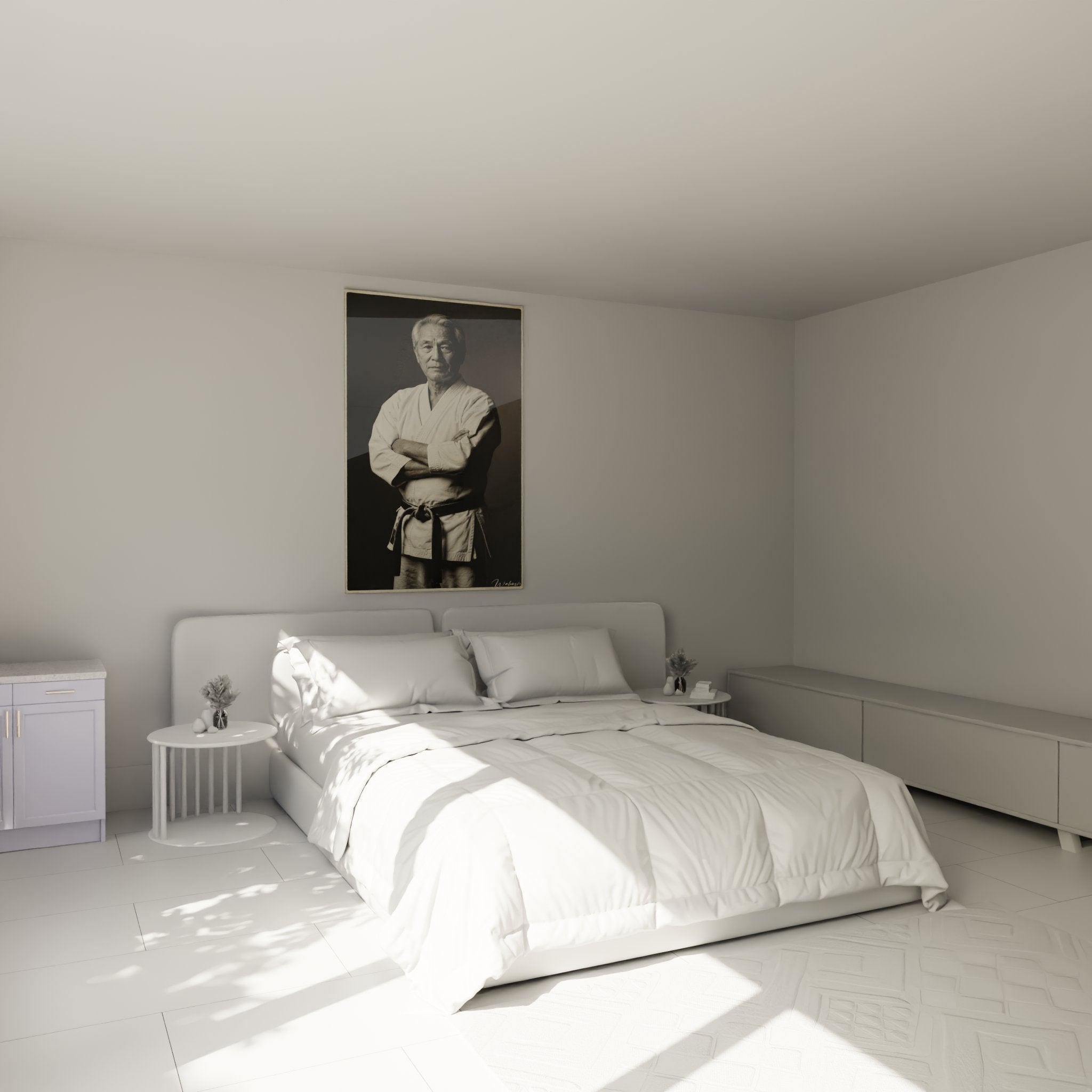 Tableau maitre karate sensei accroche au mur d'une chambre moderne, decoration zen arts martiaux