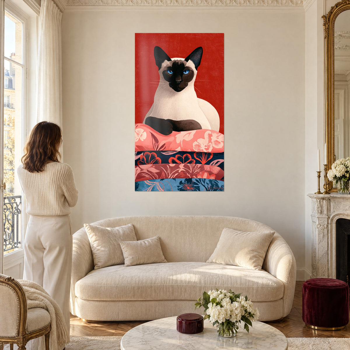 Wall art Siamese cat with blue eyes on vivid red background, brown paws crossed, above a sofa in a bright living room