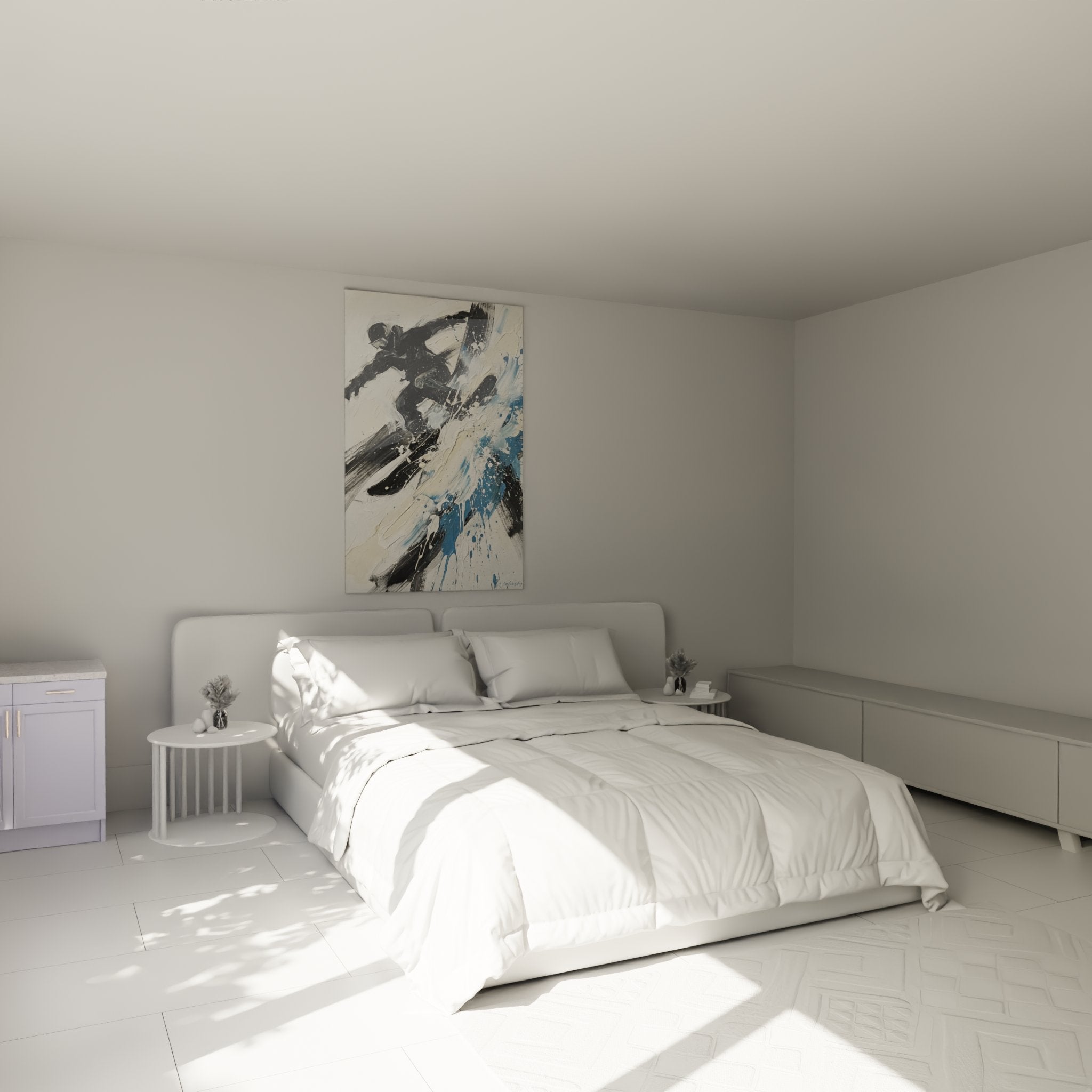 Tableau abstrait snowboard dans chambre moderne decoration murale art contemporain bleu noir blanc