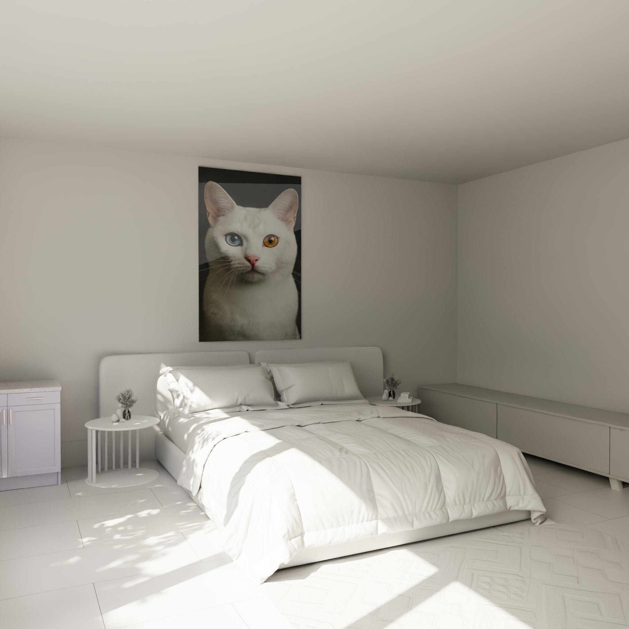 Décoration chambre avec tableau chat blanc yeux vairons, ambiance cosy et élégante